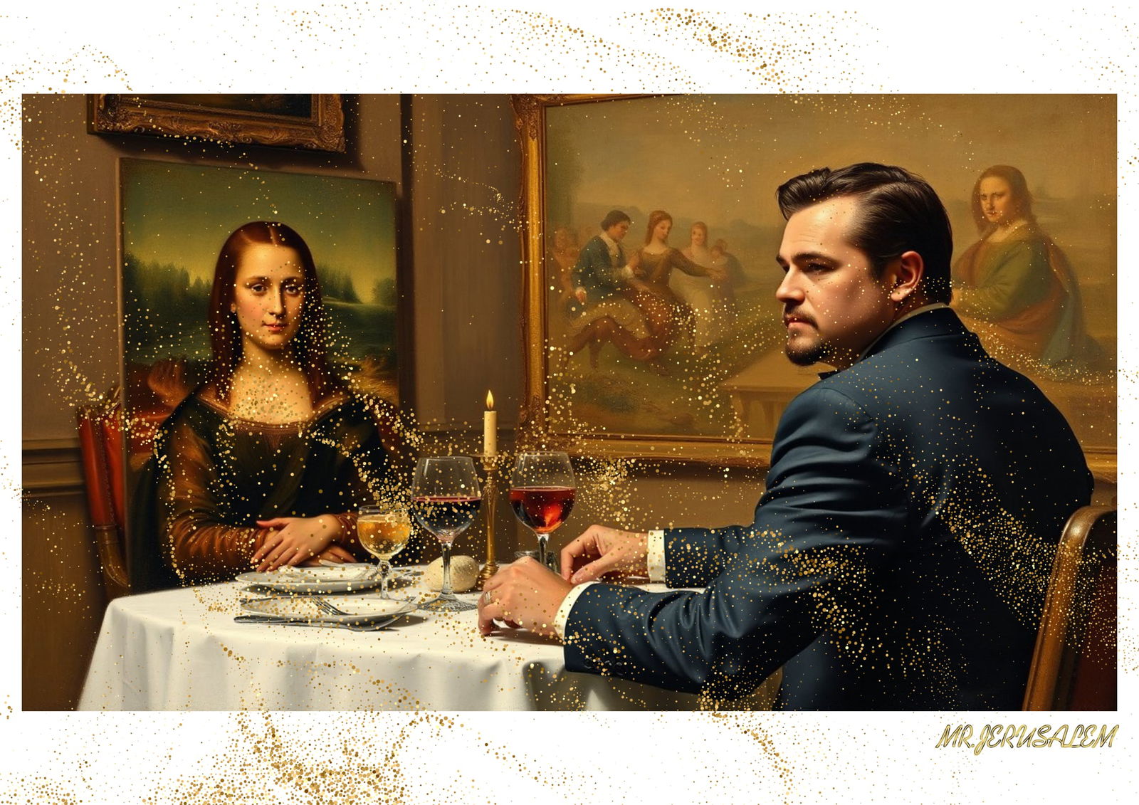 "Mr.Jerusalem, "Leonardo DiCaprio having dinner with Mona Lisa-D2" "Original, A2 Poster print,: Original A2 Poster Digital print on paper, Solid Finishing: Classic (250 gsm gloss) Artist Digital signature Stamped / seal Watermark seal Sizes- 420 X594mm Sold unframed