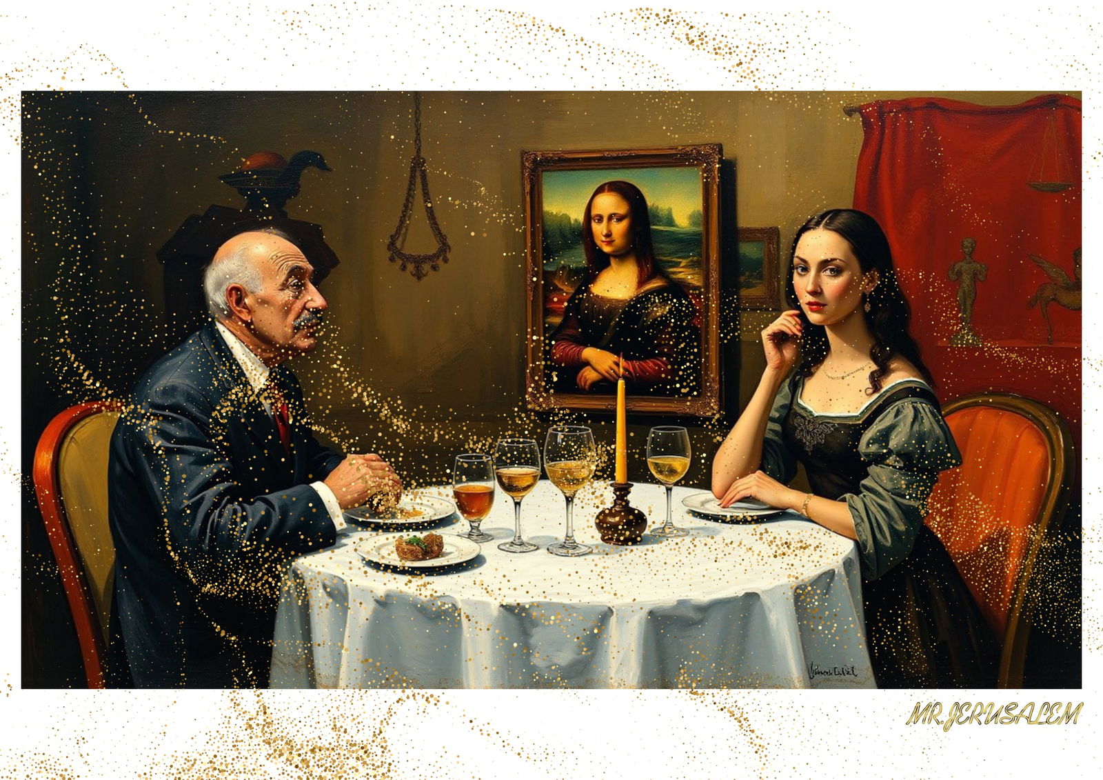 "Mr.Jerusalem, "Joan Miro having dinner with Mona Lisa-D1" "Original, A2 Poster print, stamped: Original A2 Poster Digital print on paper, Solid Finishing: Classic (250 gsm gloss) Artist Digital signature Stamped / seal Watermark seal Sizes- 420 X594mm Sold unframed