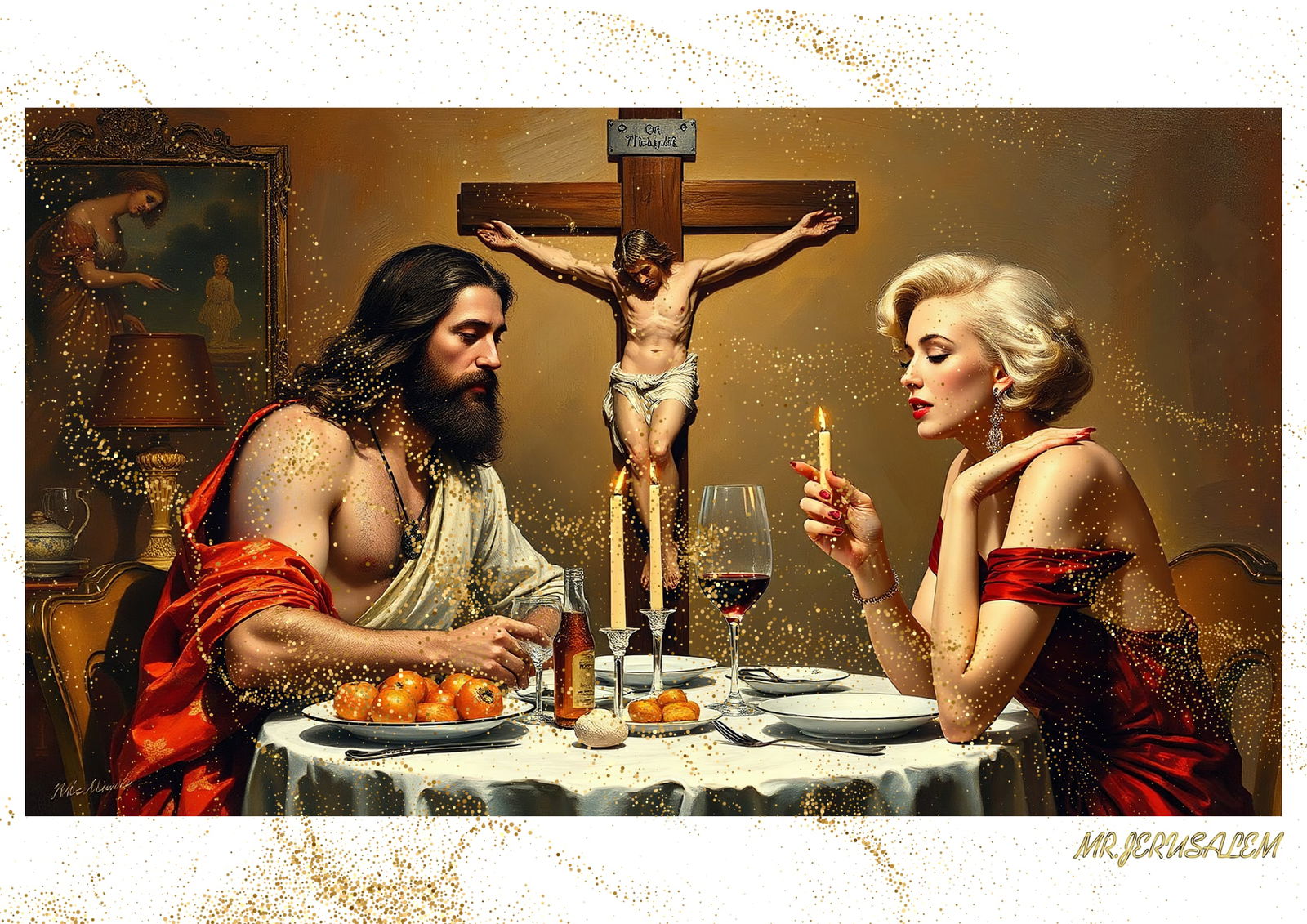 "Mr.Jerusalem, "Jesus Christ having dinner with Marilyn Monroe-D1" "Original, A2 Poster print,: Original A2 Poster Digital print on paper, Solid Finishing: Classic (250 gsm gloss) Artist Digital signature Stamped / seal Watermark seal Sizes- 420 X594mm Sold unframed