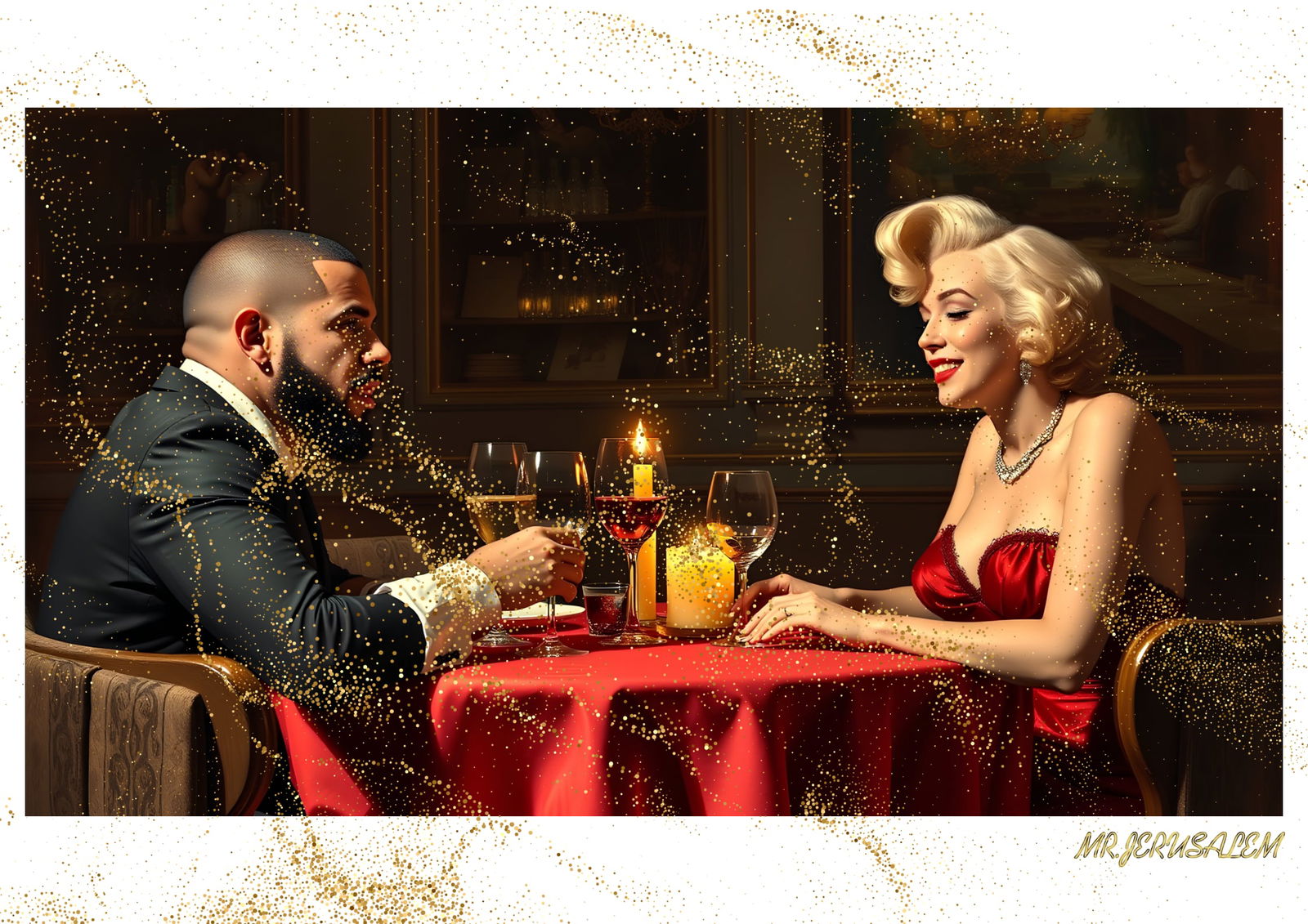 "Mr.Jerusalem, "Drake having dinner with Marilyn Monroe-D2" "Original, A2 Poster print, stampe: Original A2 Poster Digital print on paper, Solid Finishing: Classic (250 gsm gloss) Artist Digital signature Stamped / seal Watermark seal Sizes- 420 X594mm Sold unframed