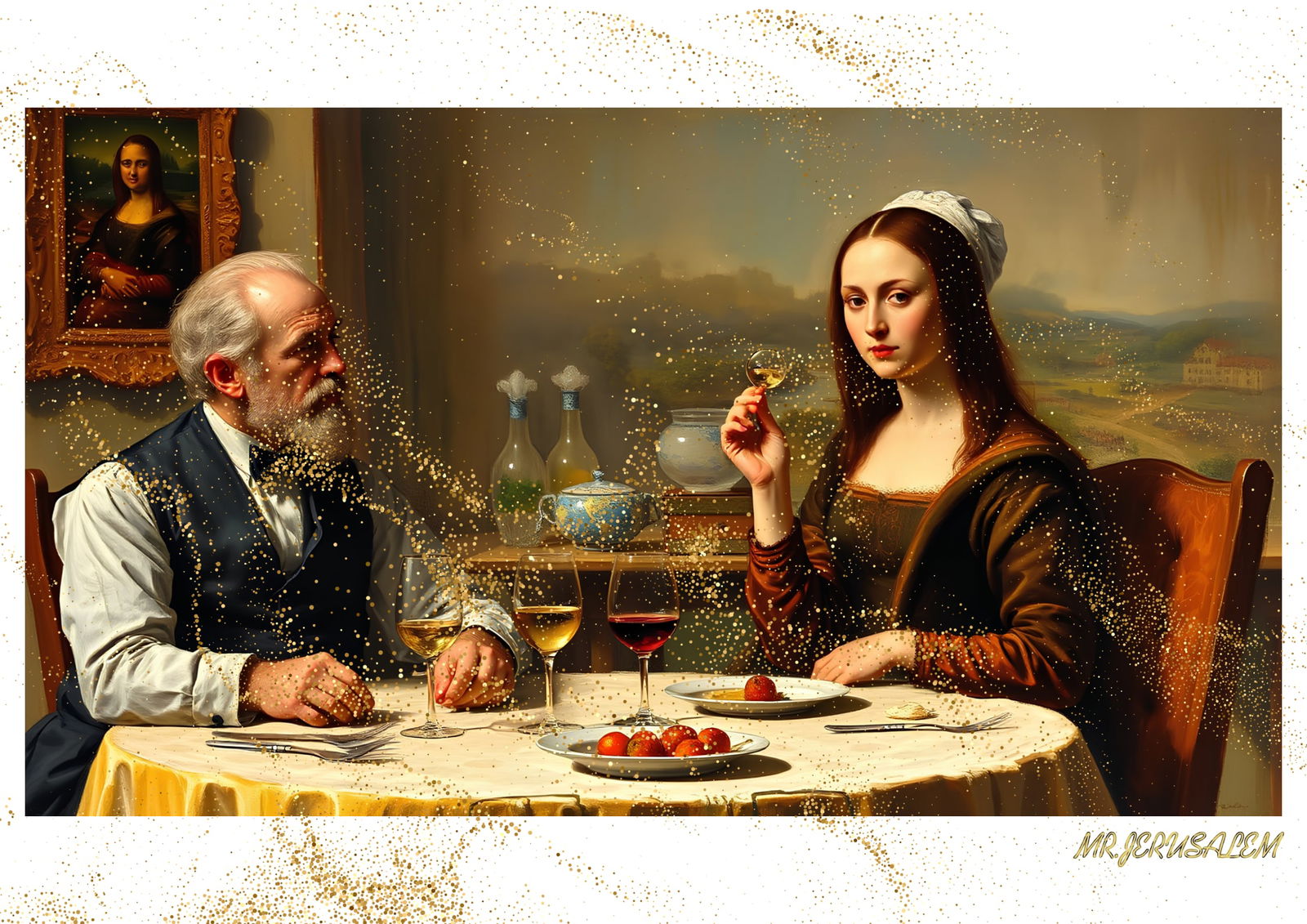 "Mr.Jerusalem, "Edgar Degas having dinner with Mona Lisa-D2" "Original, A2 Poster print, stamp: Original A2 Poster Digital print on paper, Solid Finishing: Classic (250 gsm gloss) Artist Digital signature Stamped / seal Watermark seal Sizes- 420 X594mm Sold unframed