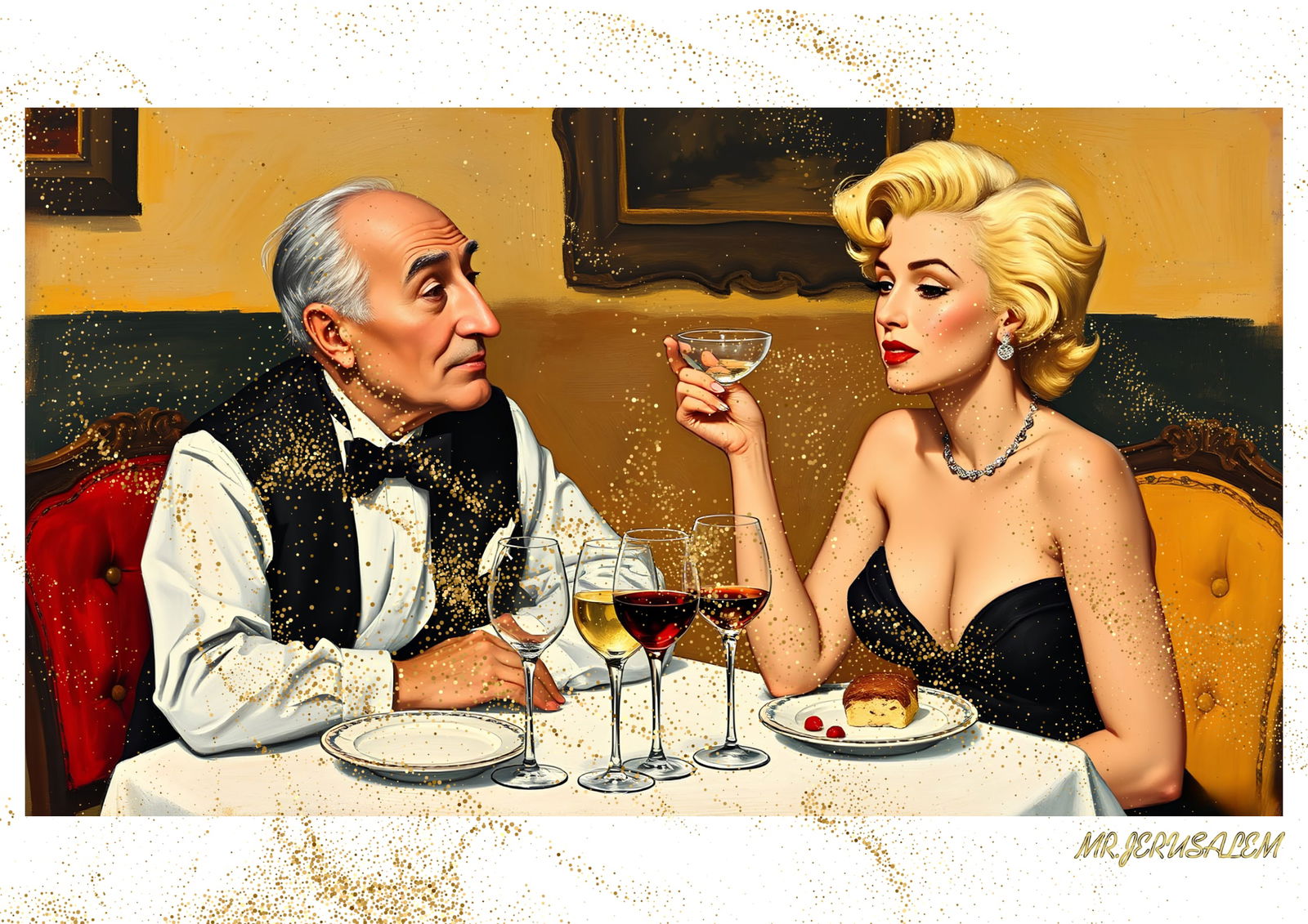 "Mr.Jerusalem, "Joan Miro having dinner with Marilyn Monroe-D2" "Original, A2 Poster print, st: Original A2 Poster Digital print on paper, Solid Finishing: Classic (250 gsm gloss) Artist Digital signature Stamped / seal Watermark seal Sizes- 420 X594mm Sold unframed