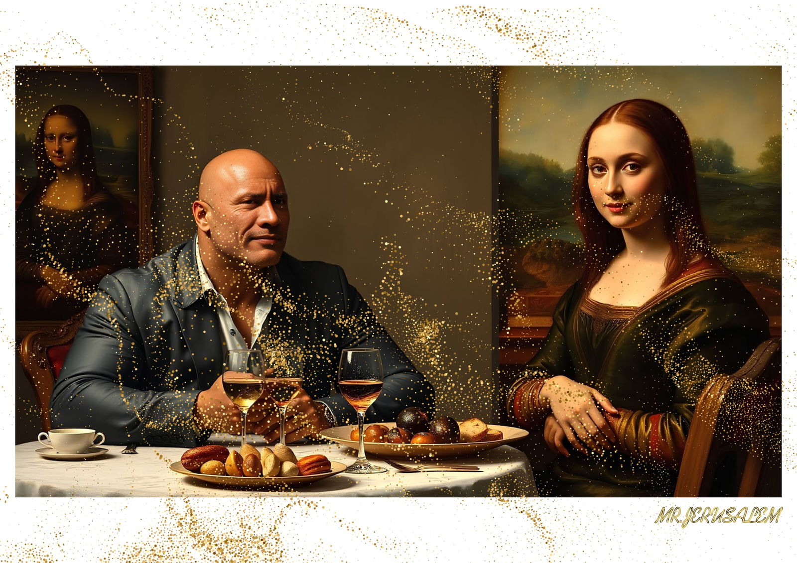 "Mr.Jerusalem, "Dwayne Johnson having dinner with Mona Lisa-D2" "Original, A2 Poster print, st (1 of 2)