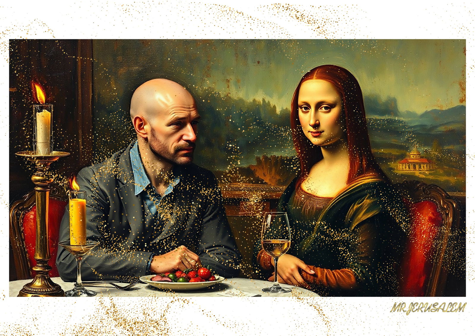 "Mr.Jerusalem, "Jackson Pollock having dinner with Mona Lisa-D2" "Original, A2 Poster print, s: Original A2 Poster Digital print on paper, Solid Finishing: Classic (250 gsm gloss) Artist Digital signature Stamped / seal Watermark seal Sizes- 420 X594mm Sold unframed