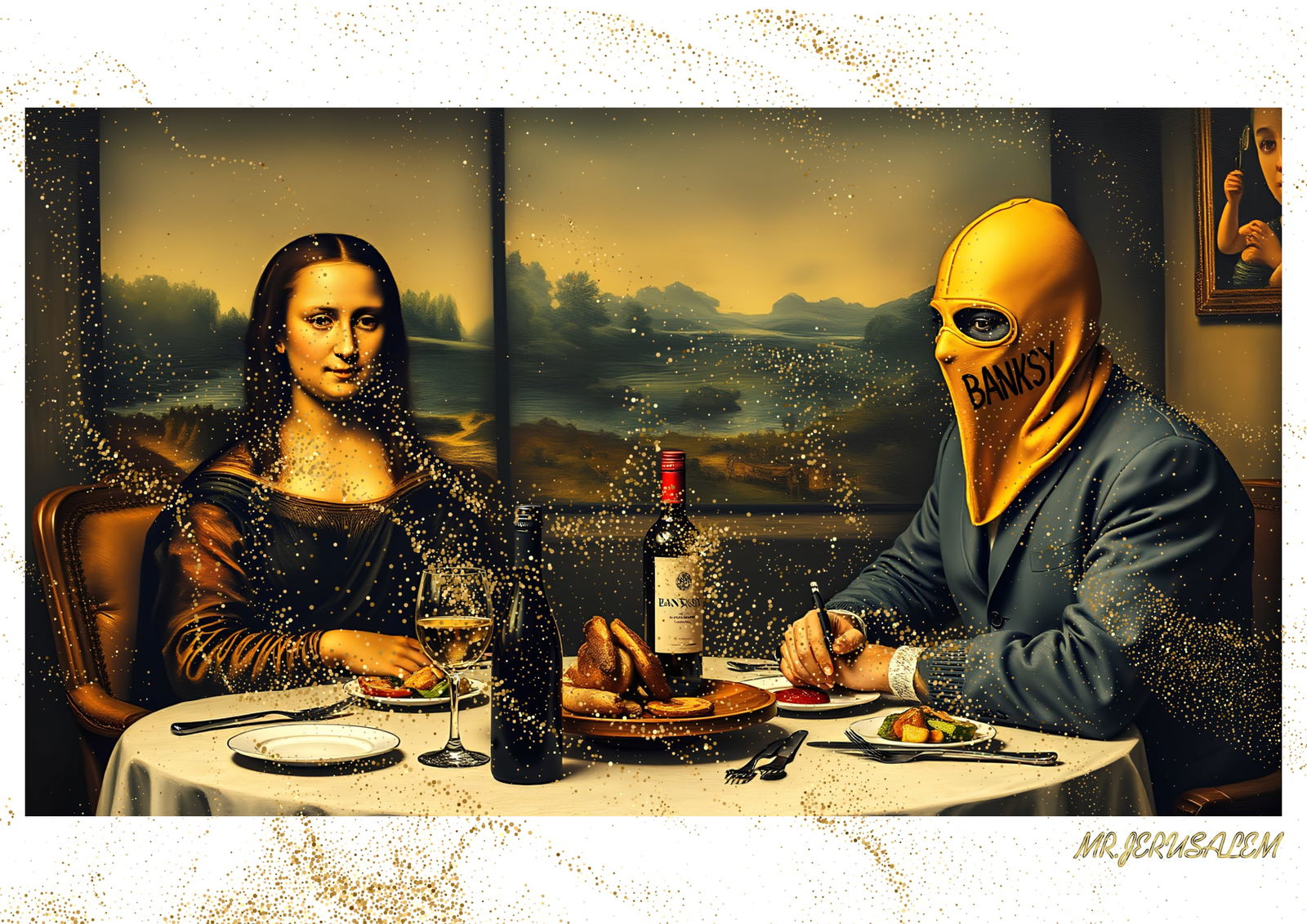 "Mr.Jerusalem, "Banksy having dinner with Mona Lisa-D2" "Original, A2 Poster print, stamped. W: Original A2 Poster Digital print on paper, Solid Finishing: Classic (250 gsm gloss) Artist Digital signature Stamped / seal Watermark seal Sizes- 420 X594mm Sold unframed