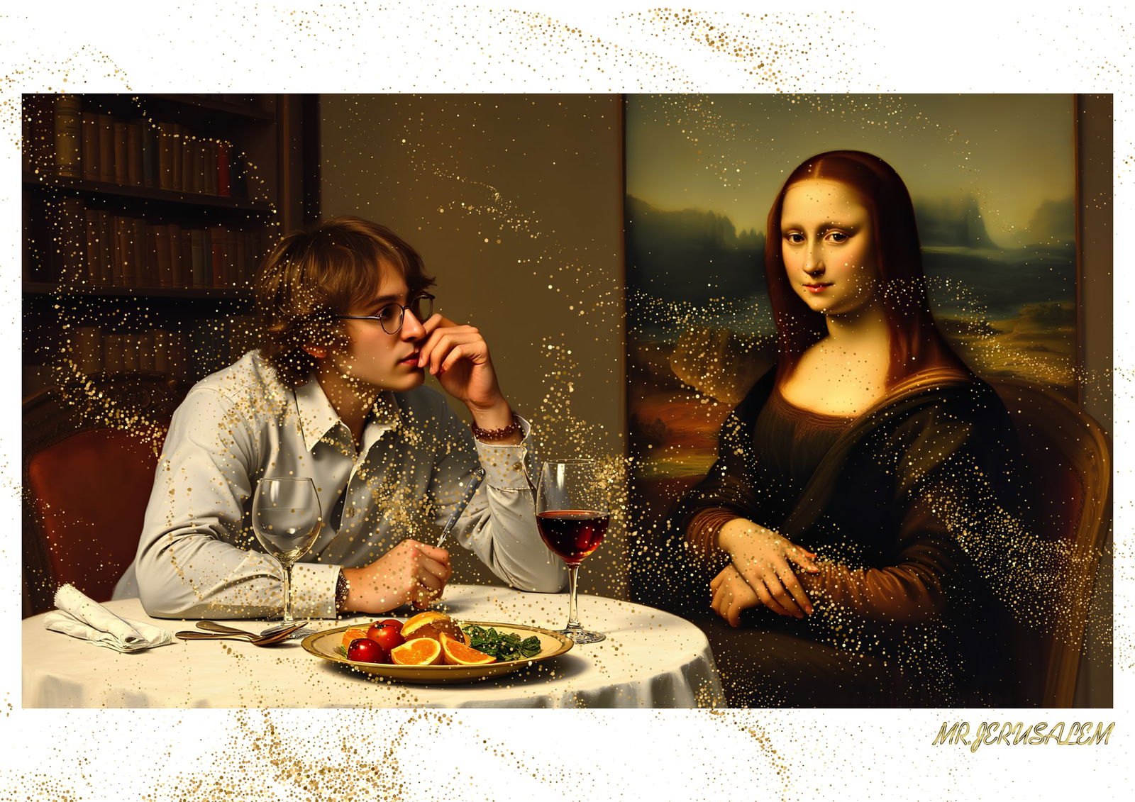 "Mr.Jerusalem, "John Lennon having dinner with Mona Lisa-D2" "Original, A2 Poster print, stamp (1 of 2)