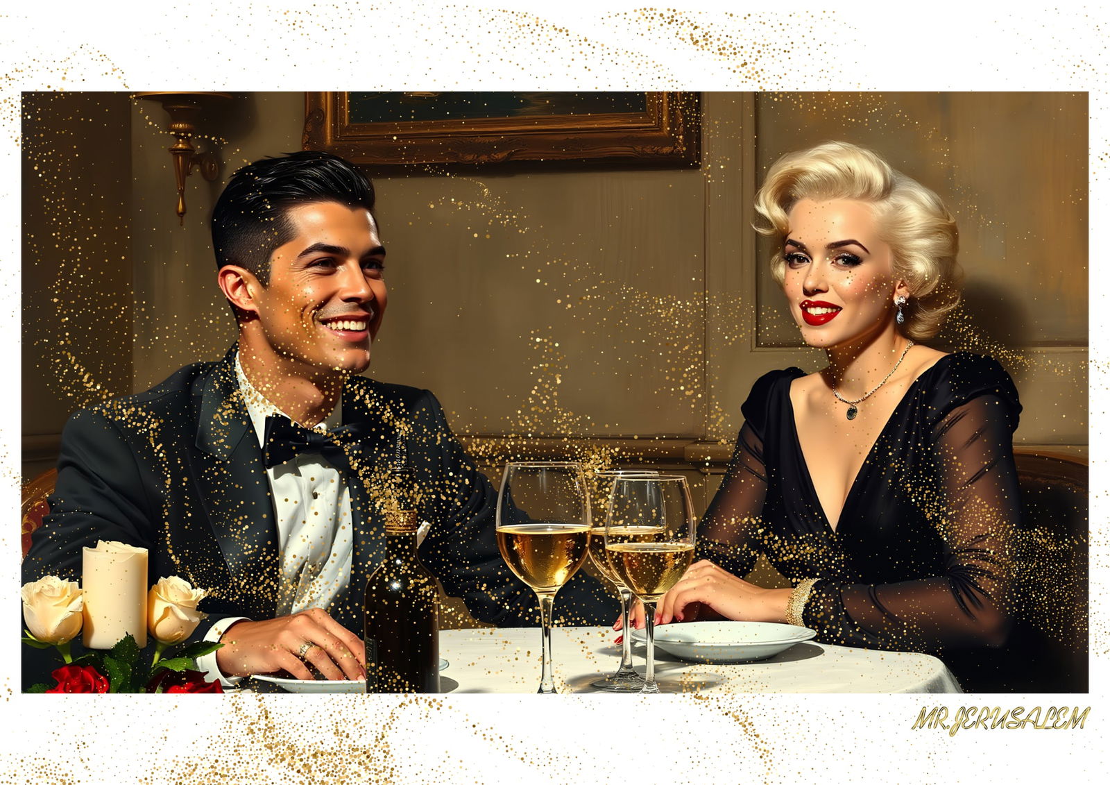 "Mr.Jerusalem, "Cristiano Ronaldo having dinner with Marilyn Monroe-D2" "Original, A2 Poster p: Original A2 Poster Digital print on paper, Solid Finishing: Classic (250 gsm gloss) Artist Digital signature Stamped / seal Watermark seal Sizes- 420 X594mm Sold unframed
