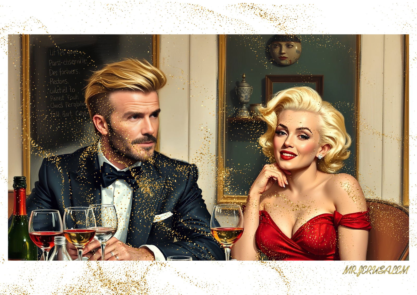 "Mr.Jerusalem, "David Beckham having dinner with Marilyn Monroe-D1" "Original, A2 Poster print: Original A2 Poster Digital print on paper, Solid Finishing: Classic (250 gsm gloss) Artist Digital signature Stamped / seal Watermark seal Sizes- 420 X594mm Sold unframed