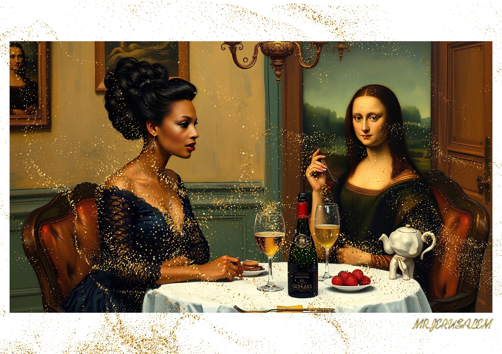 "Mr.Jerusalem, "Alesha Dixon having dinner with Mona Lisa-D2" "Original, A2 Poster print, stam: Original A2 Poster Digital print on paper, Solid Finishing: Classic (250 gsm gloss) Artist Digital signature Stamped / seal Watermark seal Sizes- 420 X594mm Sold unframed