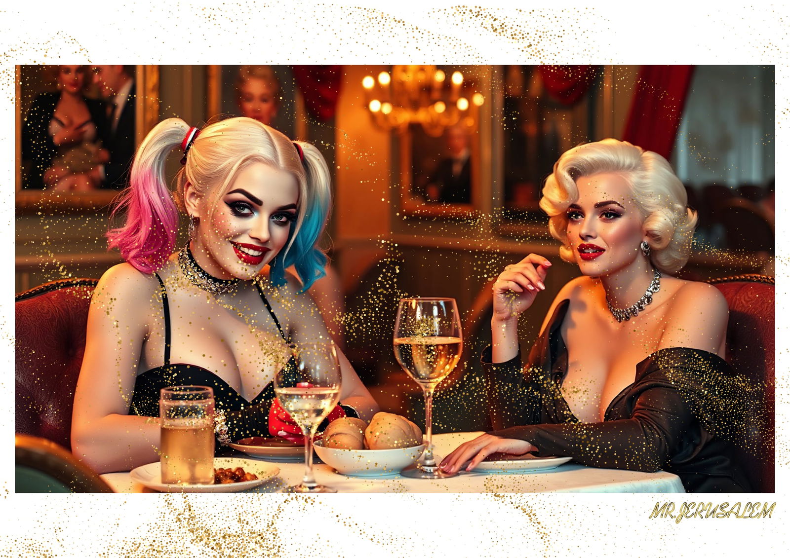 "Mr.Jerusalem, "Harley Quinn having dinner with Marilyn Monroe-D1" "Original, A2 Poster print,: Original A2 Poster Digital print on paper, Solid Finishing: Classic (250 gsm gloss) Artist Digital signature Stamped / seal Watermark seal Sizes- 420 X594mm Sold unframed