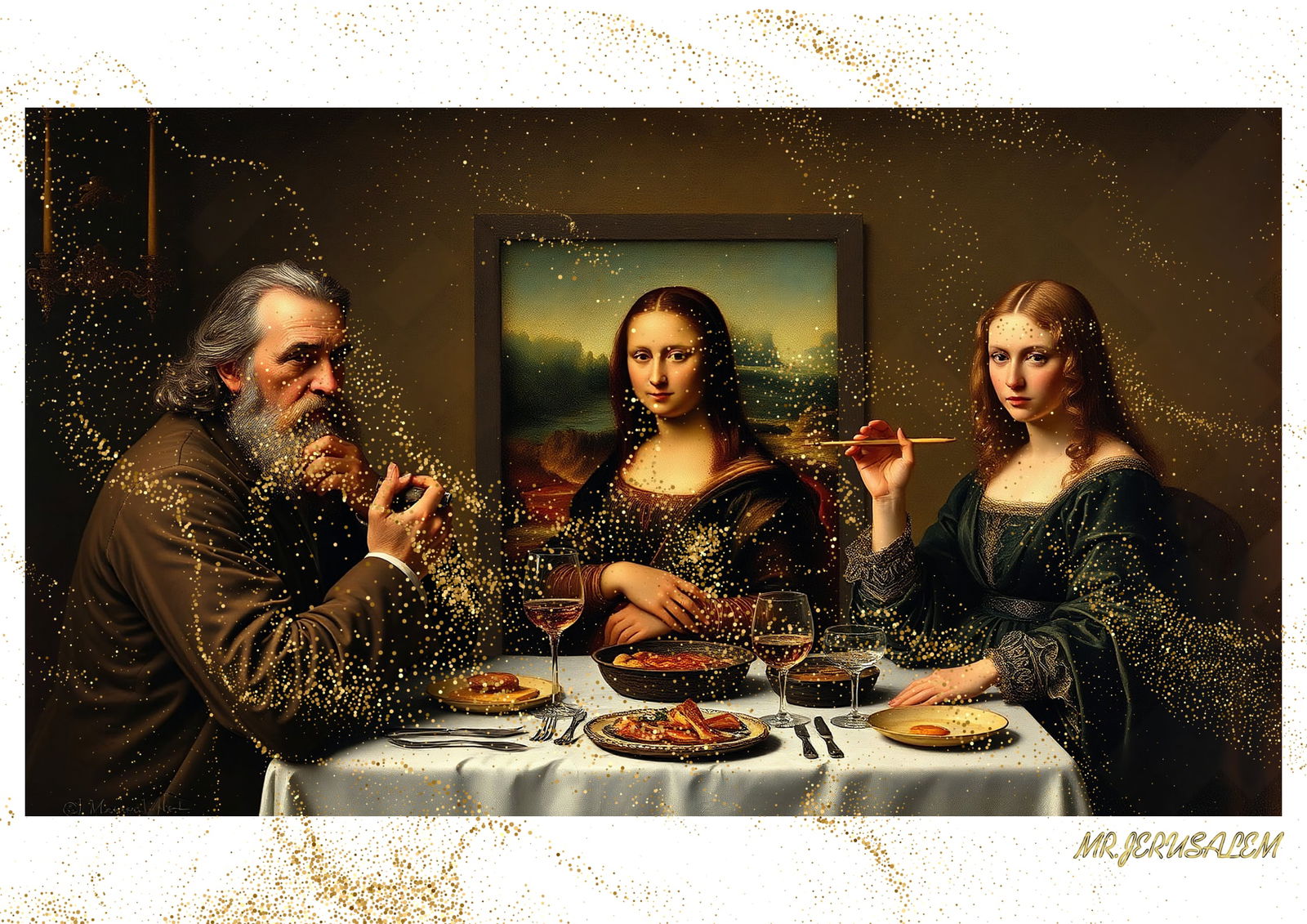 "Mr.Jerusalem, "Leonardo da Vinci having dinner with Mona Lisa-D2" "Original, A2 Poster print, (1 of 2)