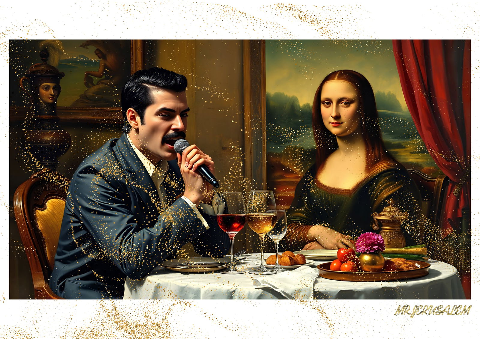 "Mr.Jerusalem, "Freddie Mercury having dinner with Mona Lisa-D1" "Original, A2 Poster print, s: Original A2 Poster Digital print on paper, Solid Finishing: Classic (250 gsm gloss) Artist Digital signature Stamped / seal Watermark seal Sizes- 420 X594mm Sold unframed