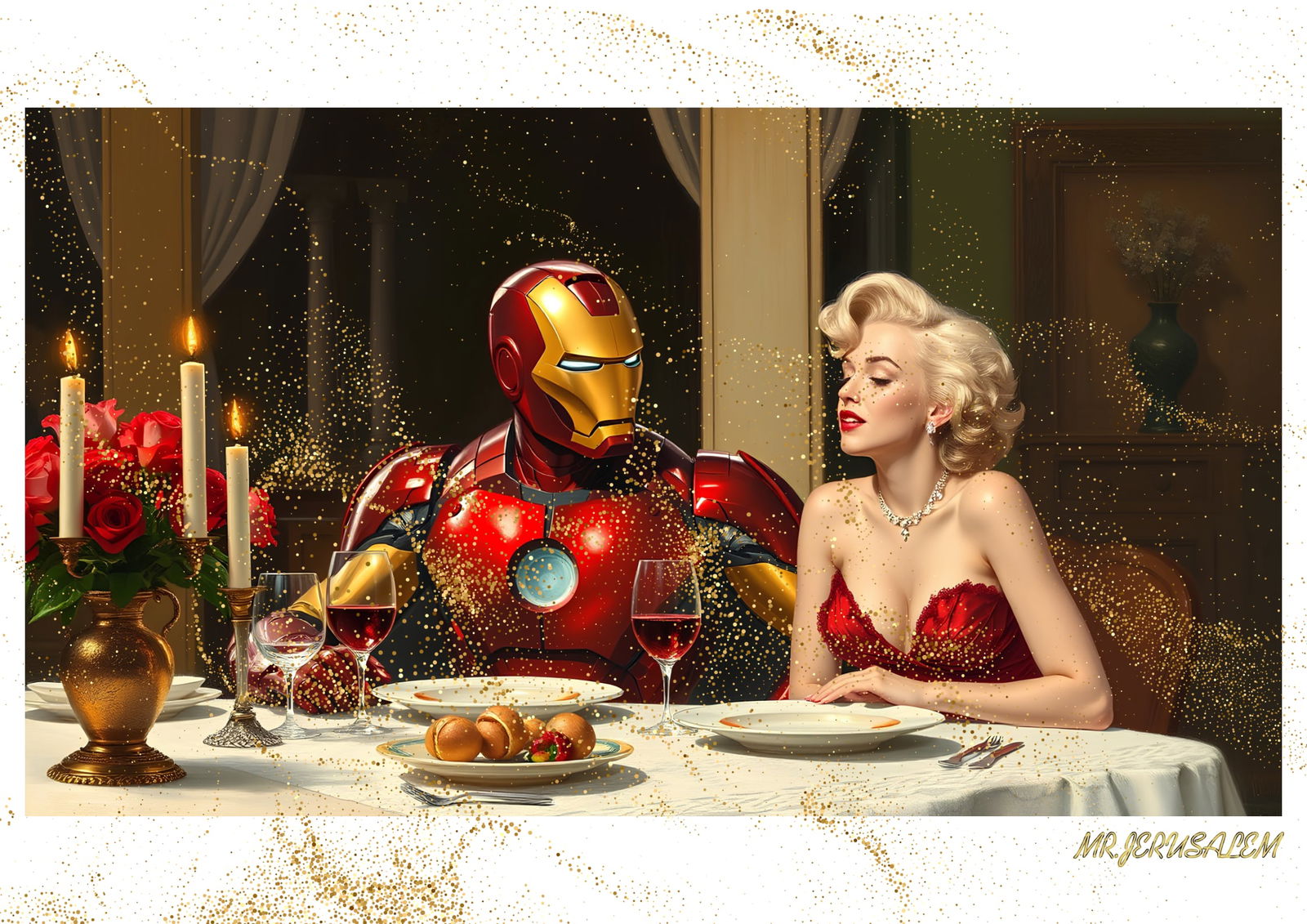 "Mr.Jerusalem, "Ironman having dinner with Marilyn Monroe-D2" "Original, A2 Poster print, stam: Original A2 Poster Digital print on paper, Solid Finishing: Classic (250 gsm gloss) Artist Digital signature Stamped / seal Watermark seal Sizes- 420 X594mm Sold unframed