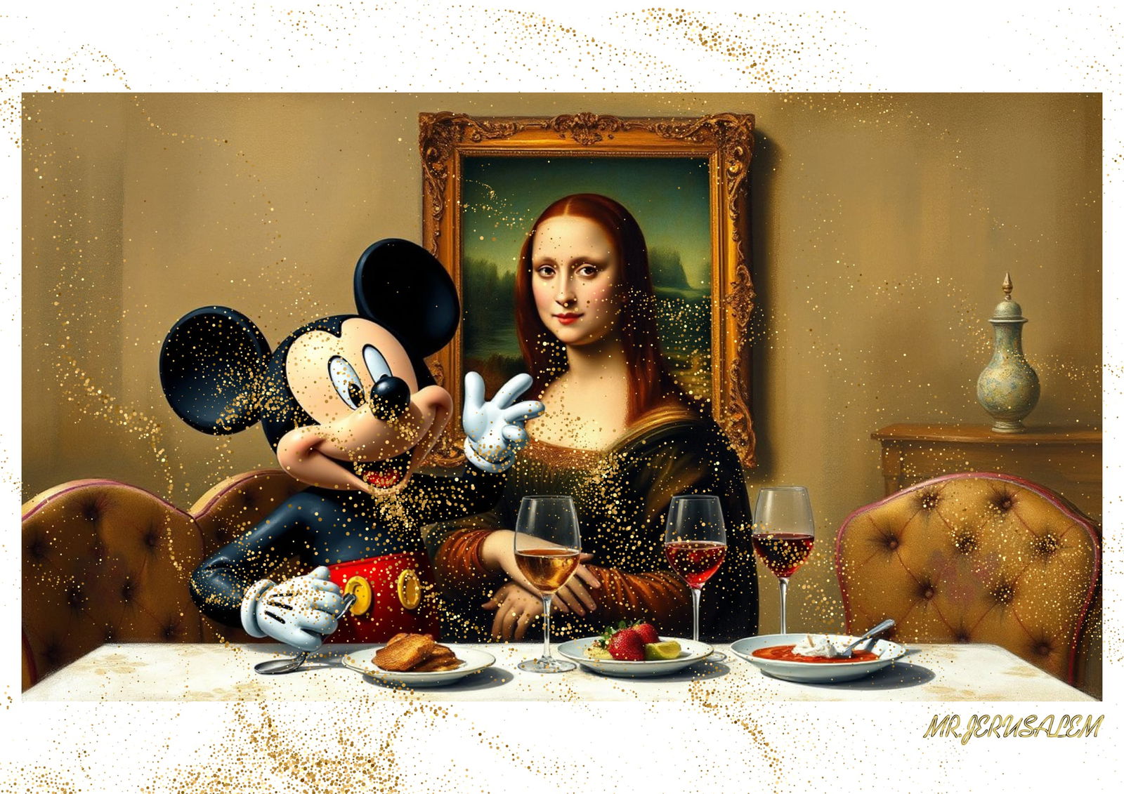 "Mr.Jerusalem, "Mickey Mouse having dinner with Mona Lisa-D1" "Original, A2 Poster print, stam (1 of 2)