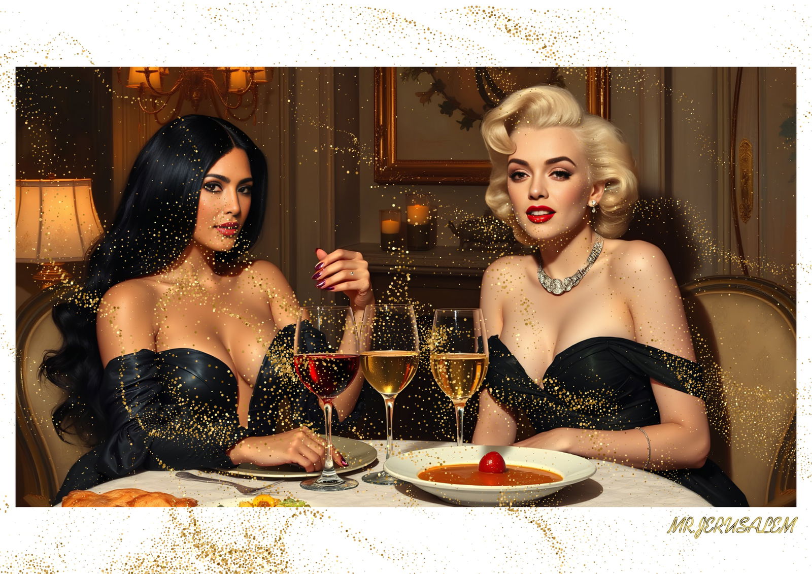 "Mr.Jerusalem, "Kim Kardashian having dinner with Marilyn Monroe-D1" "Original, A2 Poster prin: Original A2 Poster Digital print on paper, Solid Finishing: Classic (250 gsm gloss) Artist Digital signature Stamped / seal Watermark seal Sizes- 420 X594mm Sold unframed