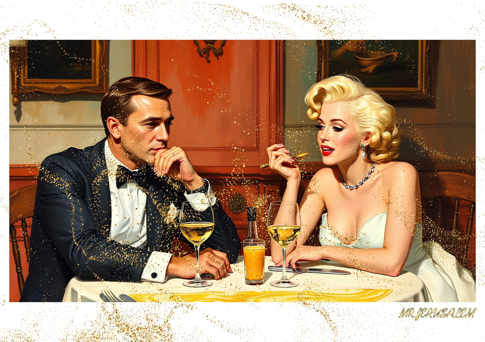 "Mr.Jerusalem, "James Bond having dinner with Marilyn Monroe-D2" "Original, A2 Poster print, s: Original A2 Poster Digital print on paper, Solid Finishing: Classic (250 gsm gloss) Artist Digital signature Stamped / seal Watermark seal Sizes- 420 X594mm Sold unframed