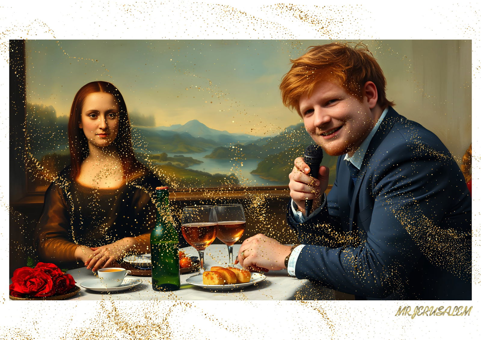 "Mr.Jerusalem, "Ed Sheeran having dinner with Mona Lisa-D1" "Original, A2 Poster print, stampe: Original A2 Poster Digital print on paper, Solid Finishing: Classic (250 gsm gloss) Artist Digital signature Stamped / seal Watermark seal Sizes- 420 X594mm Sold unframed