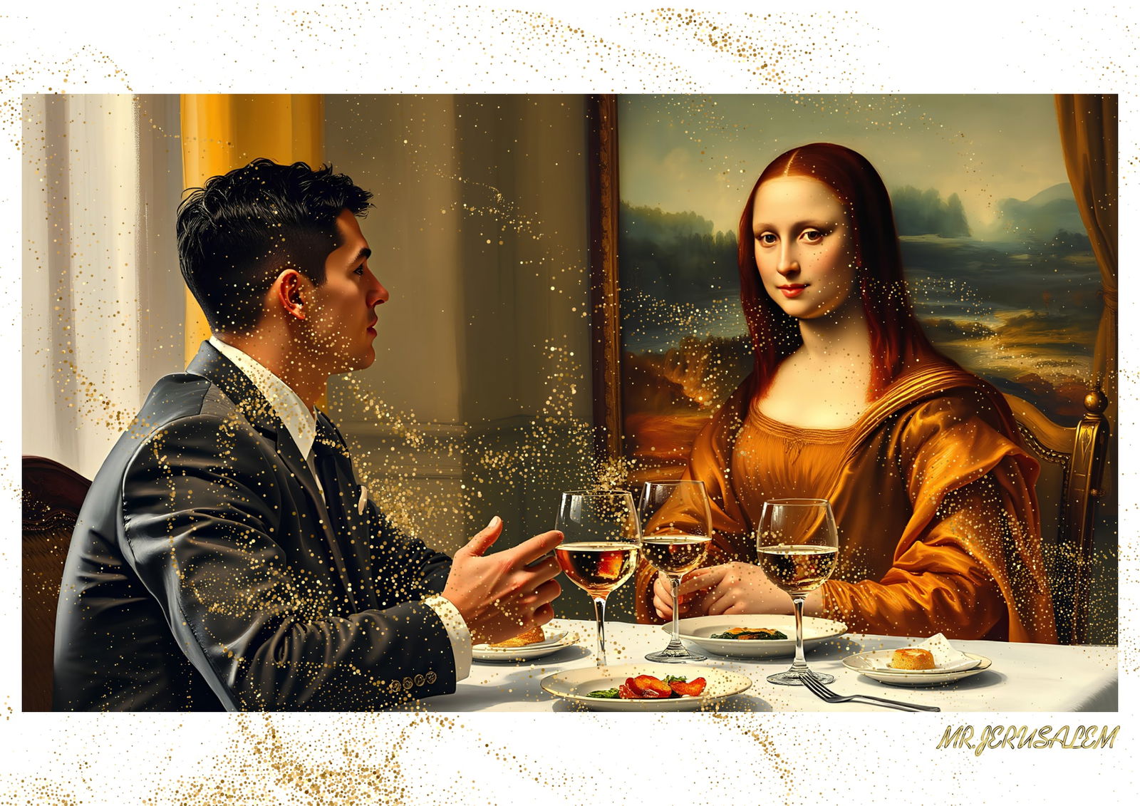 "Mr.Jerusalem, "Cristiano Ronaldo having dinner with Mona Lisa-D2" "Original, A2 Poster print,: Original A2 Poster Digital print on paper, Solid Finishing: Classic (250 gsm gloss) Artist Digital signature Stamped / seal Watermark seal Sizes- 420 X594mm Sold unframed