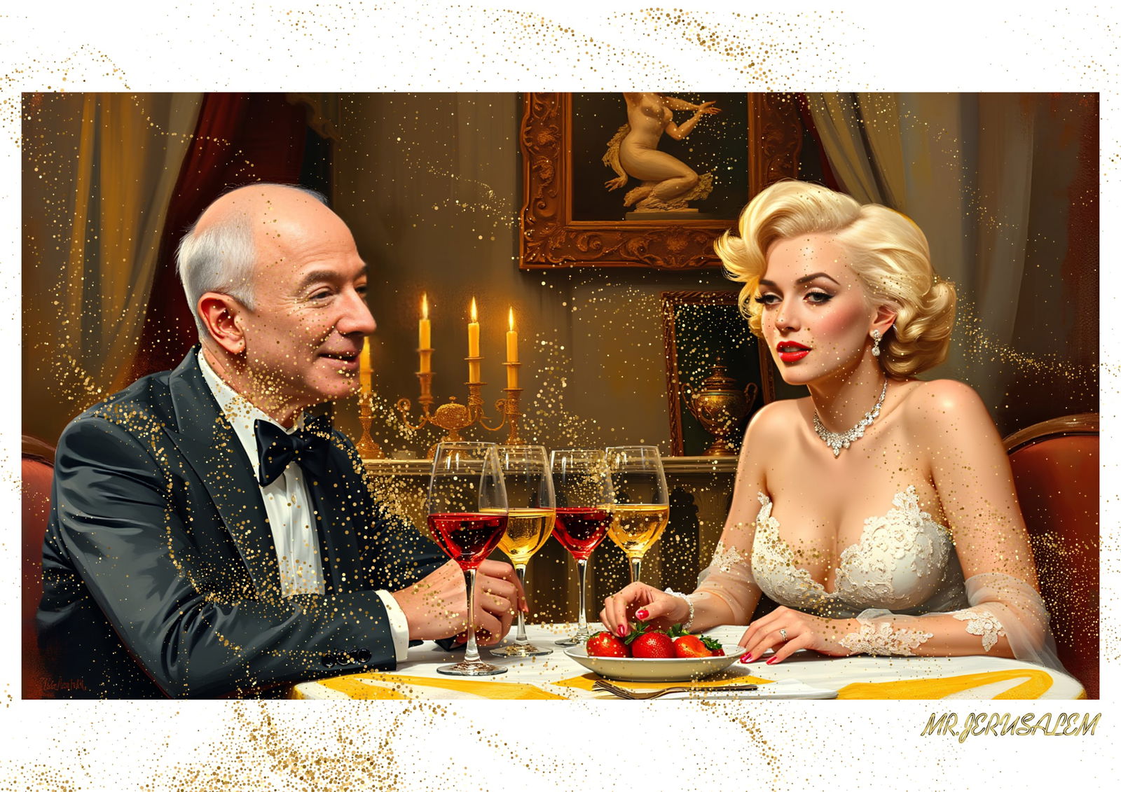 "Mr.Jerusalem, "Jeff Bezos having dinner with Marilyn Monroe-D1" "Original, A2 Poster print, s: Original A2 Poster Digital print on paper, Solid Finishing: Classic (250 gsm gloss) Artist Digital signature Stamped / seal Watermark seal Sizes- 420 X594mm Sold unframed