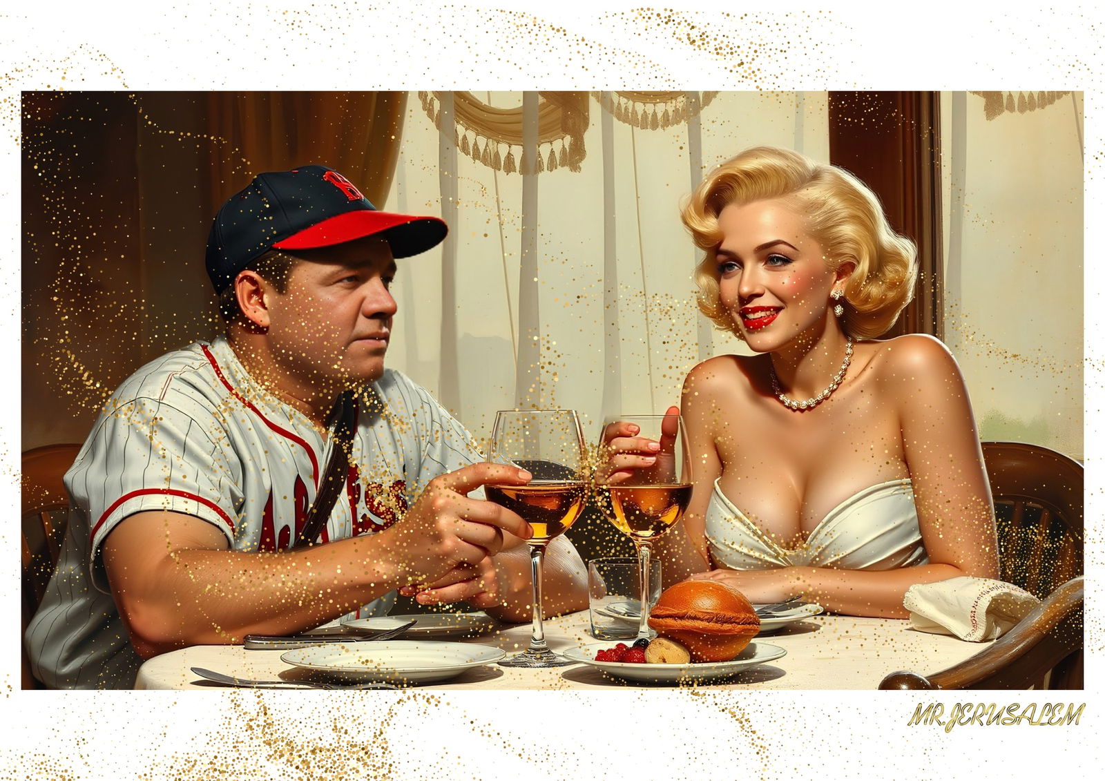 "Mr.Jerusalem, "Babe Ruth having dinner with Marilyn Monroe-D2" "Original, A2 Poster print, st: Original A2 Poster Digital print on paper, Solid Finishing: Classic (250 gsm gloss) Artist Digital signature Stamped / seal Watermark seal Sizes- 420 X594mm Sold unframed