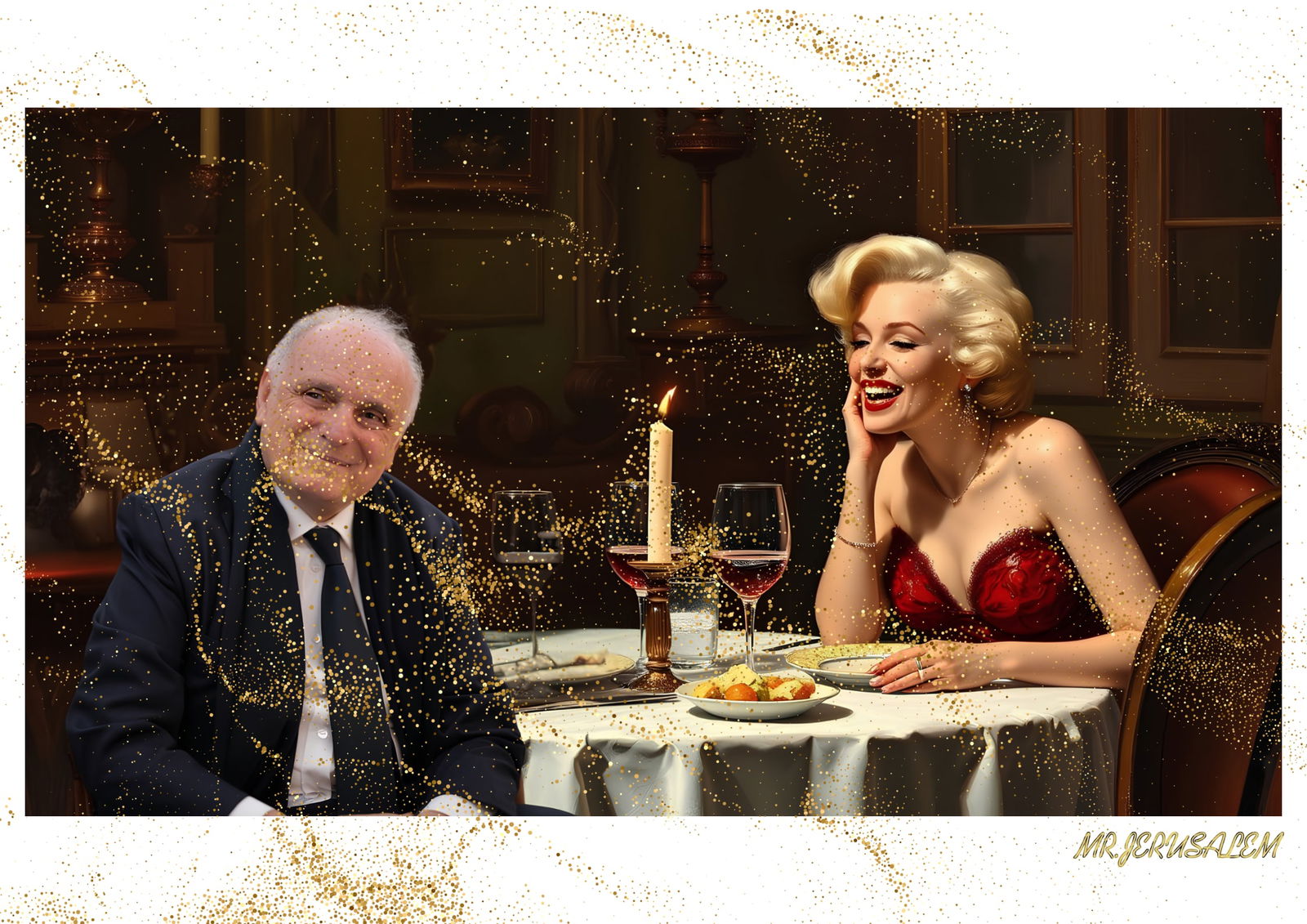 "Mr.Jerusalem, "David Nahmad having dinner with Marilyn Monroe-D2" "Original, A2 Poster print,: Original A2 Poster Digital print on paper, Solid Finishing: Classic (250 gsm gloss) Artist Digital signature Stamped / seal Watermark seal Sizes- 420 X594mm Sold unframed