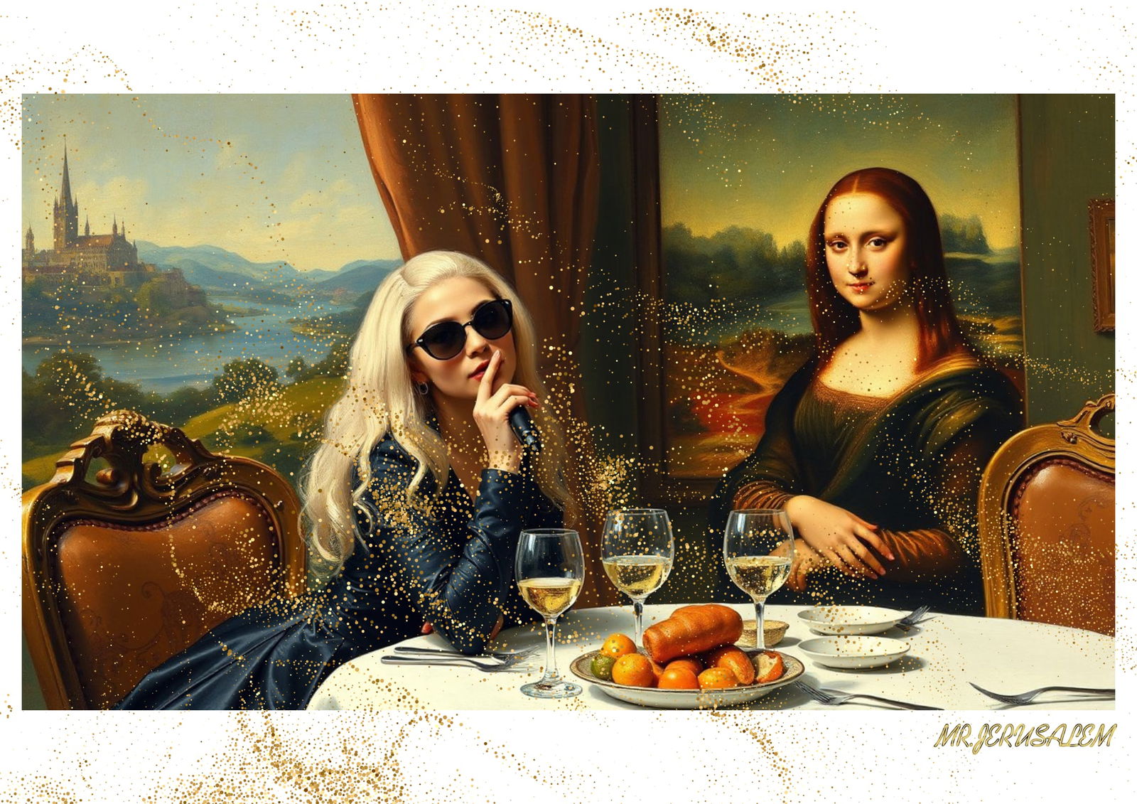 "Mr.Jerusalem, "Lady Gaga having dinner with Mona Lisa-D1" "Original, A2 Poster print, stamped: Original A2 Poster Digital print on paper, Solid Finishing: Classic (250 gsm gloss) Artist Digital signature Stamped / seal Watermark seal Sizes- 420 X594mm Sold unframed