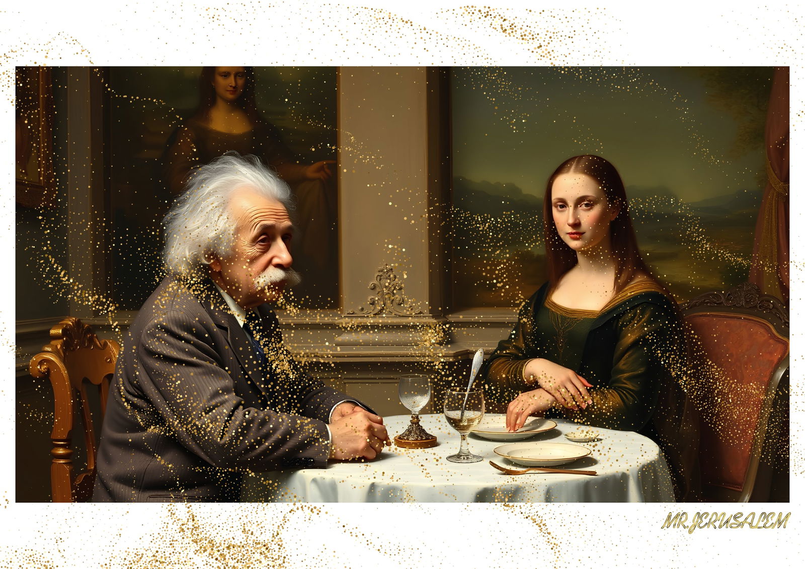 "Mr.Jerusalem, "Albert Einstein having dinner with Mona Lisa-D2" "Original, A2 Poster print, s (1 of 2)