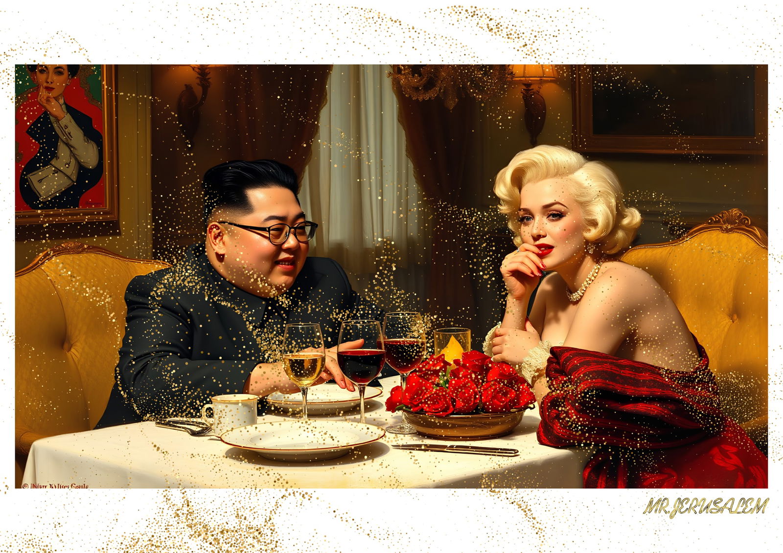 "Mr.Jerusalem, "Kim Jong-il having dinner with Marilyn Monroe-D2" "Original, A2 Poster print, : Original A2 Poster Digital print on paper, Solid Finishing: Classic (250 gsm gloss) Artist Digital signature Stamped / seal Watermark seal Sizes- 420 X594mm Sold unframed