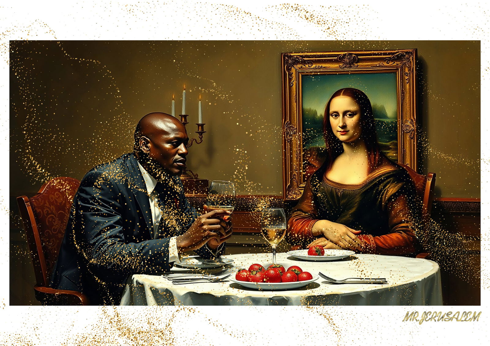 "Mr.Jerusalem, "Michael Jordan having dinner with Mona Lisa-D2" "Original, A2 Poster print, st: Original A2 Poster Digital print on paper, Solid Finishing: Classic (250 gsm gloss) Artist Digital signature Stamped / seal Watermark seal Sizes- 420 X594mm Sold unframed