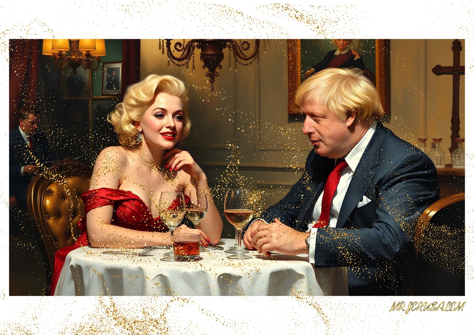 "Mr.Jerusalem, "Boris Johnson having dinner with Marilyn Monroe-D1" "Original, A2 Poster print: Original A2 Poster Digital print on paper, Solid Finishing: Classic (250 gsm gloss) Artist Digital signature Stamped / seal Watermark seal Sizes- 420 X594mm Sold unframed