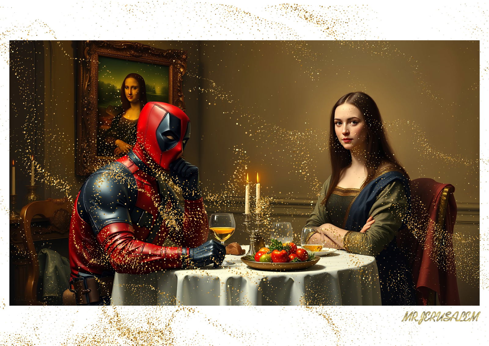 "Mr.Jerusalem, "Deadpool having dinner with Mona Lisa-D2" "Original, A2 Poster print, stamped.: Original A2 Poster Digital print on paper, Solid Finishing: Classic (250 gsm gloss) Artist Digital signature Stamped / seal Watermark seal Sizes- 420 X594mm Sold unframed
