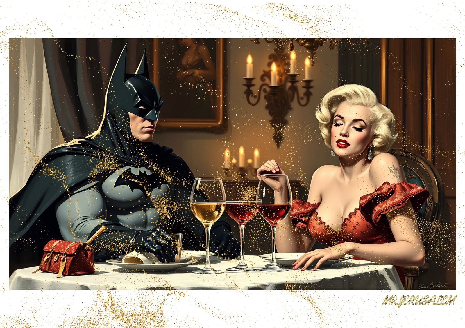 "Mr.Jerusalem, "Batman having dinner with Marilyn Monroe-D2" "Original, A2 Poster print, stamp: Original A2 Poster Digital print on paper, Solid Finishing: Classic (250 gsm gloss) Artist Digital signature Stamped / seal Watermark seal Sizes- 420 X594mm Sold unframed