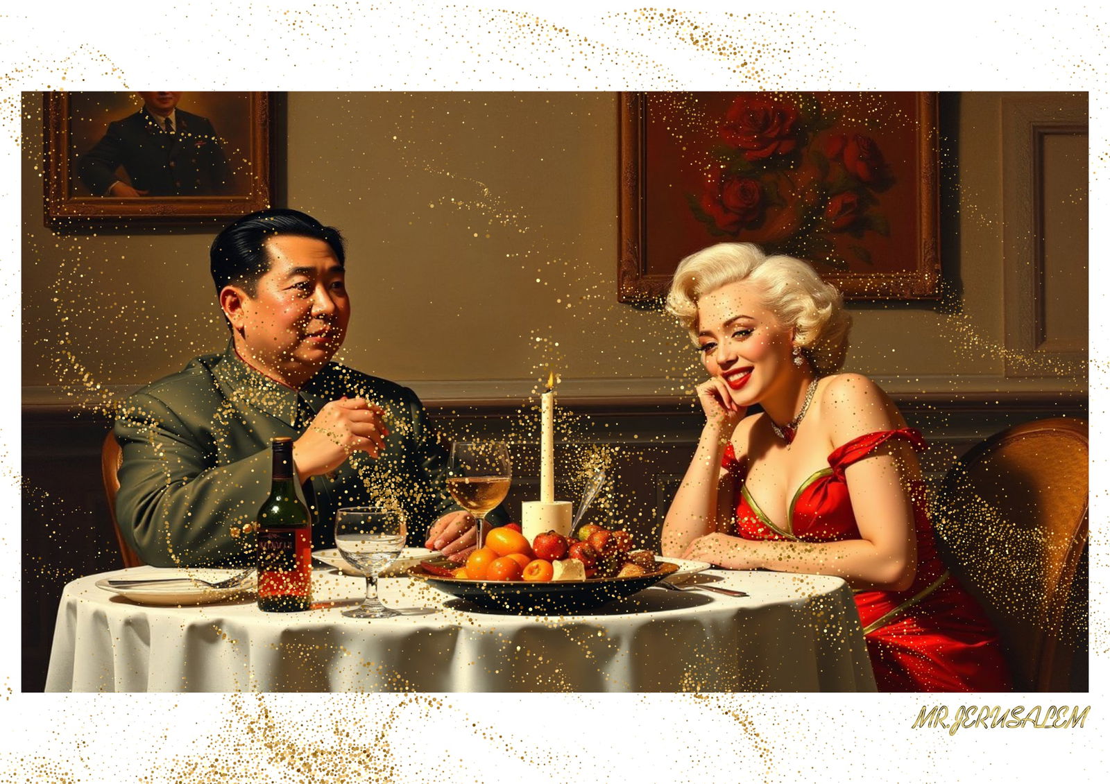 "Mr.Jerusalem, "Mao Zedong having dinner with Marilyn Monroe-D1" "Original, A2 Poster print, s: Original A2 Poster Digital print on paper, Solid Finishing: Classic (250 gsm gloss) Artist Digital signature Stamped / seal Watermark seal Sizes- 420 X594mm Sold unframed