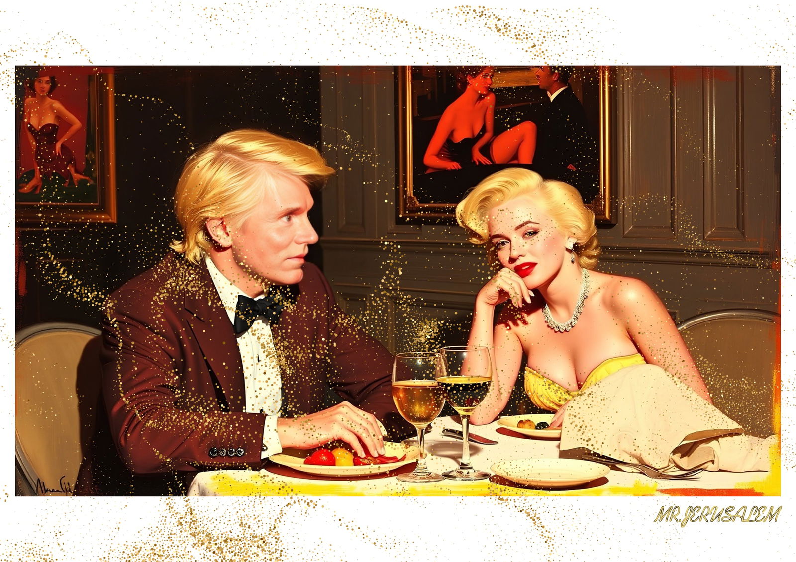 "Mr.Jerusalem, "Andy Warhol having dinner with Marilyn Monroe-D2" "Original, A2 Poster print, : Original A2 Poster Digital print on paper, Solid Finishing: Classic (250 gsm gloss) Artist Digital signature Stamped / seal Watermark seal Sizes- 420 X594mm Sold unframed