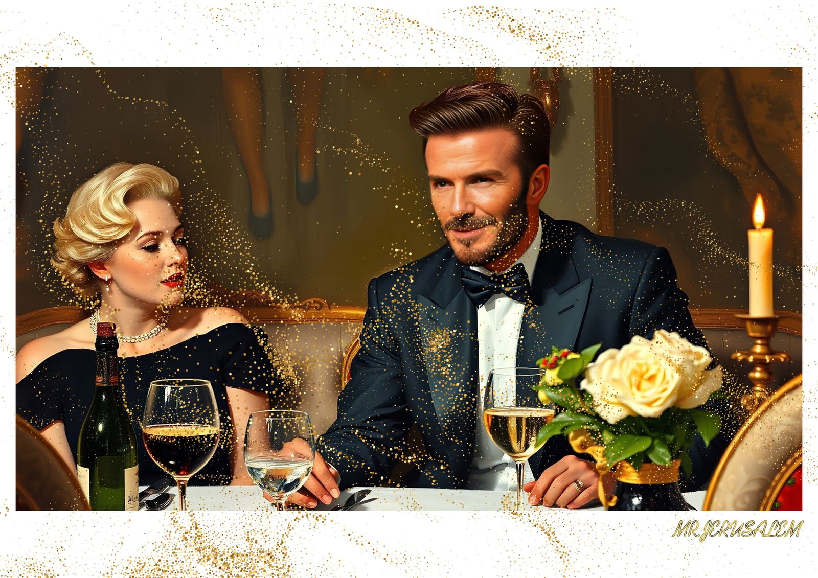 "Mr.Jerusalem, "David Beckham having dinner with Marilyn Monroe-D2" "Original, A2 Poster print: Original A2 Poster Digital print on paper, Solid Finishing: Classic (250 gsm gloss) Artist Digital signature Stamped / seal Watermark seal Sizes- 420 X594mm Sold unframed