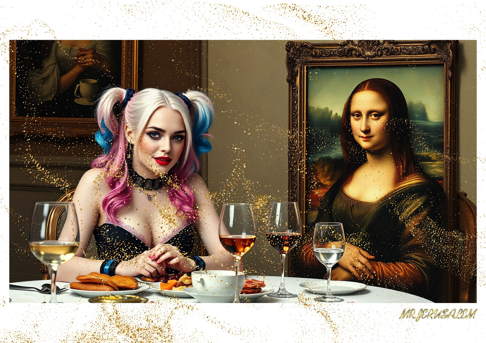 "Mr.Jerusalem, "Harley Quinn having dinner with Mona Lisa-D1" "Original, A2 Poster print, stam: Original A2 Poster Digital print on paper, Solid Finishing: Classic (250 gsm gloss) Artist Digital signature Stamped / seal Watermark seal Sizes- 420 X594mm Sold unframed