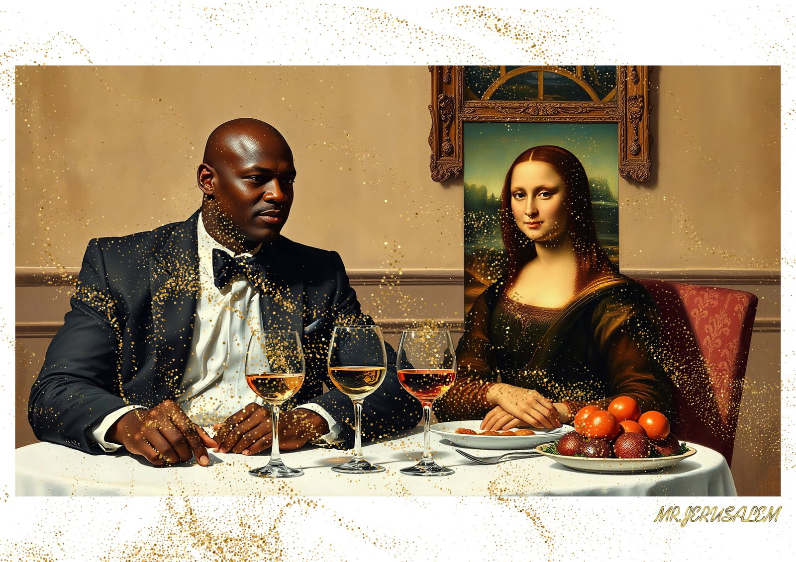 "Mr.Jerusalem, "Michael Jordan having dinner with Mona Lisa-D1" "Original, A2 Poster print, st: Original A2 Poster Digital print on paper, Solid Finishing: Classic (250 gsm gloss) Artist Digital signature Stamped / seal Watermark seal Sizes- 420 X594mm Sold unframed