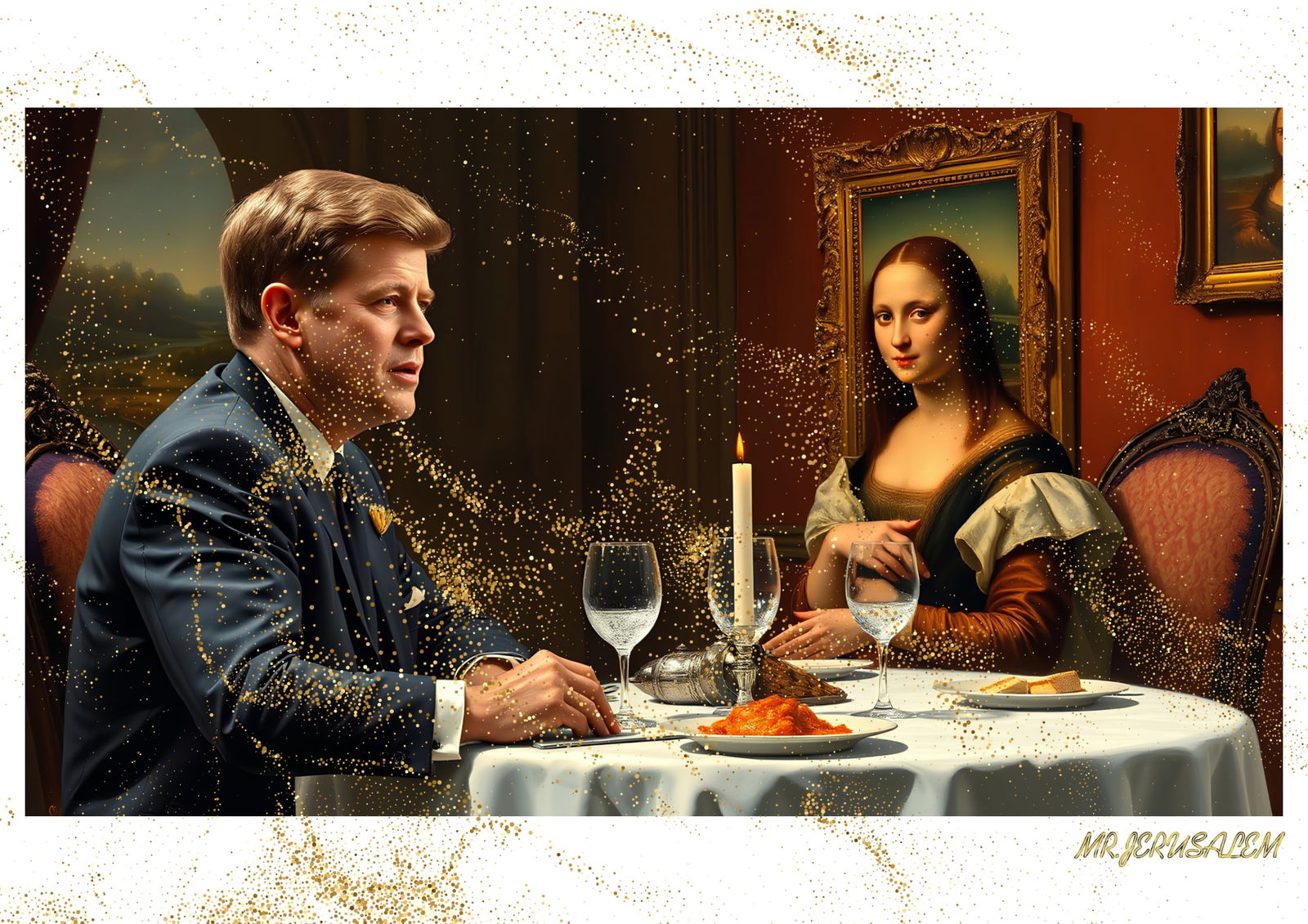 "Mr.Jerusalem, "John F. Kennedy having dinner with Mona Lisa-D2" "Original, A2 Poster print, s: Original A2 Poster Digital print on paper, Solid Finishing: Classic (250 gsm gloss) Artist Digital signature Stamped / seal Watermark seal Sizes- 420 X594mm Sold unframed