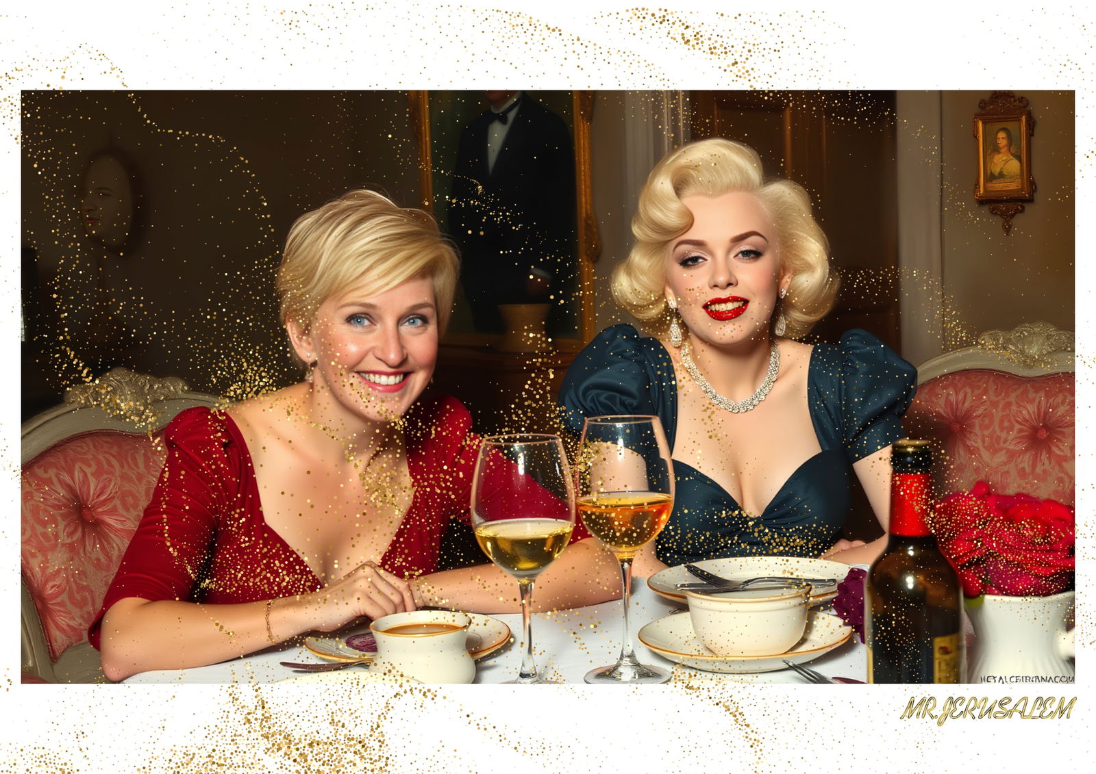 "Mr.Jerusalem, "Ellen Degeneres having dinner with Marilyn Monroe-D1" "Original, A2 Poster pri: Original A2 Poster Digital print on paper, Solid Finishing: Classic (250 gsm gloss) Artist Digital signature Stamped / seal Watermark seal Sizes- 420 X594mm Sold unframed
