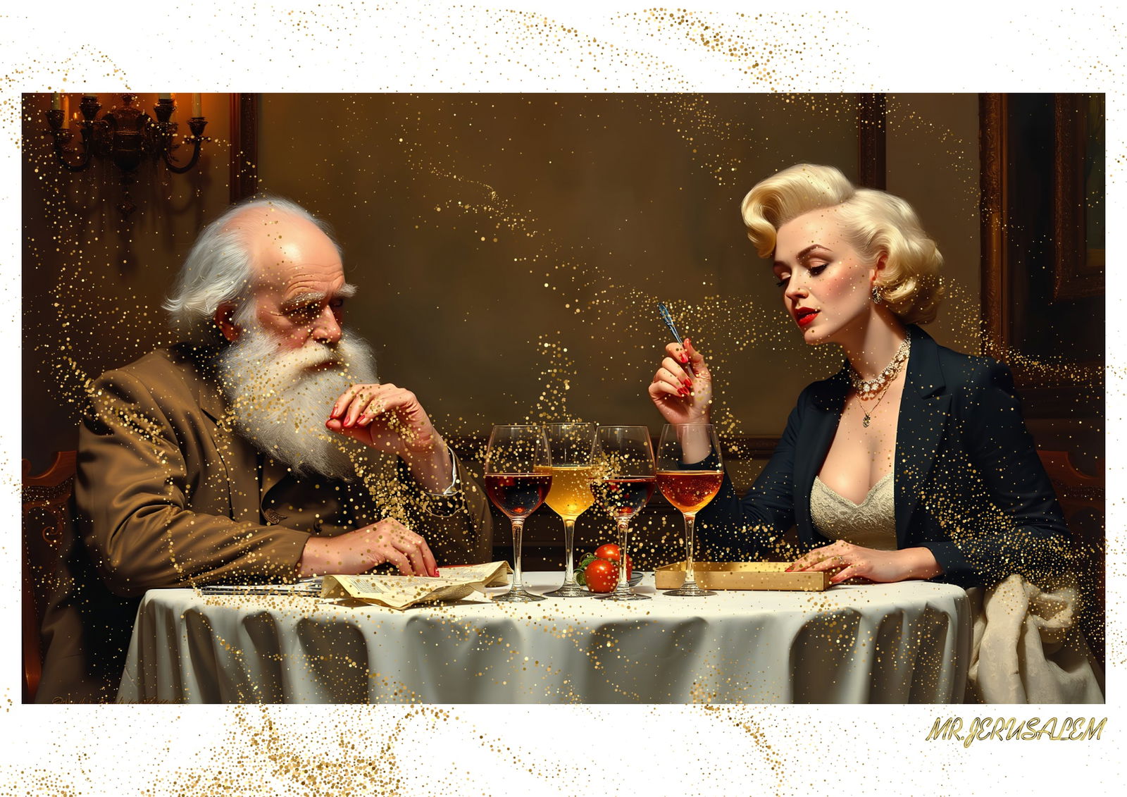 "Mr.Jerusalem, "Charles Darwin having dinner with Marilyn Monroe-D2" "Original, A2 Poster prin: Original A2 Poster Digital print on paper, Solid Finishing: Classic (250 gsm gloss) Artist Digital signature Stamped / seal Watermark seal Sizes- 420 X594mm Sold unframed