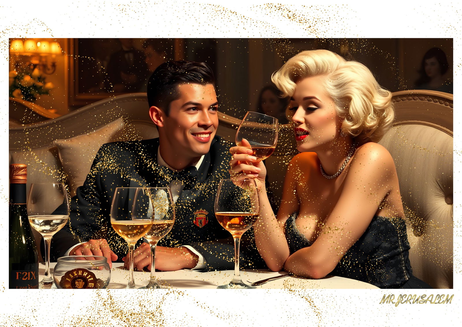 "Mr.Jerusalem, "Cristiano Ronaldo having dinner with Marilyn Monroe-D1" "Original, A2 Poster p: Original A2 Poster Digital print on paper, Solid Finishing: Classic (250 gsm gloss) Artist Digital signature Stamped / seal Watermark seal Sizes- 420 X594mm Sold unframed