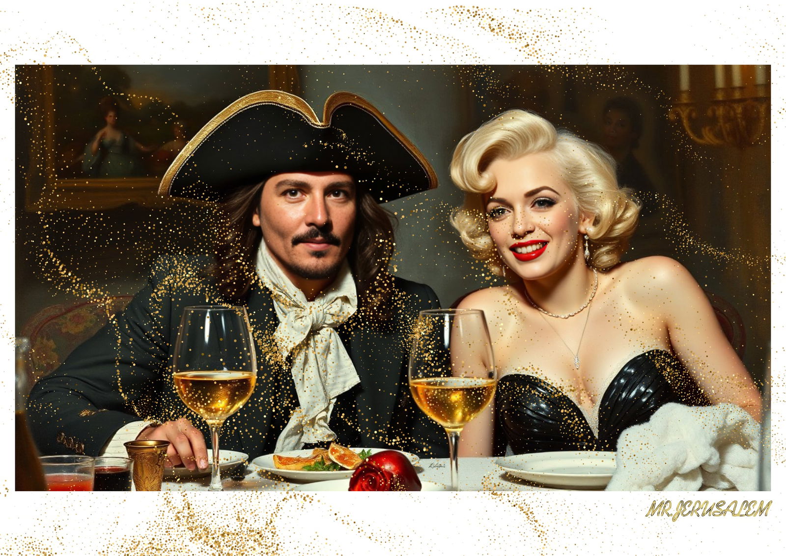 "Mr.Jerusalem, "Johnny Depp having dinner with Marilyn Monroe-D1" "Original, A2 Poster print, : Original A2 Poster Digital print on paper, Solid Finishing: Classic (250 gsm gloss) Artist Digital signature Stamped / seal Watermark seal Sizes- 420 X594mm Sold unframed