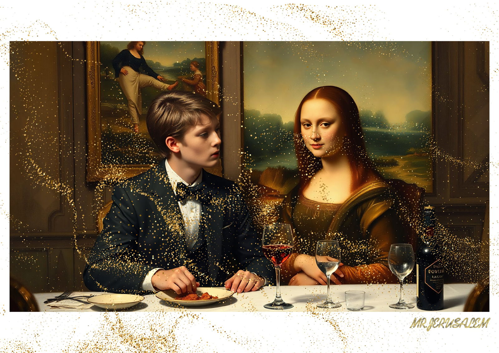 "Mr.Jerusalem, "Barron Trump having dinner with Mona Lisa-D1" "Original, A2 Poster print, stam (1 of 2)