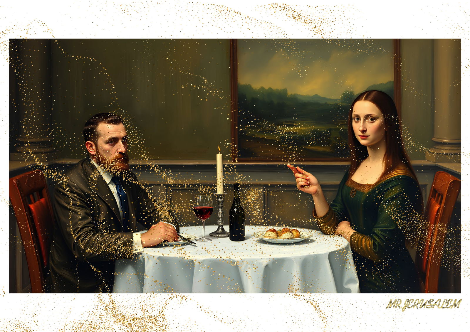 "Mr.Jerusalem, "Edvard Munch having dinner with Mona Lisa-D1" "Original, A2 Poster print, stam: Original A2 Poster Digital print on paper, Solid Finishing: Classic (250 gsm gloss) Artist Digital signature Stamped / seal Watermark seal Sizes- 420 X594mm Sold unframed