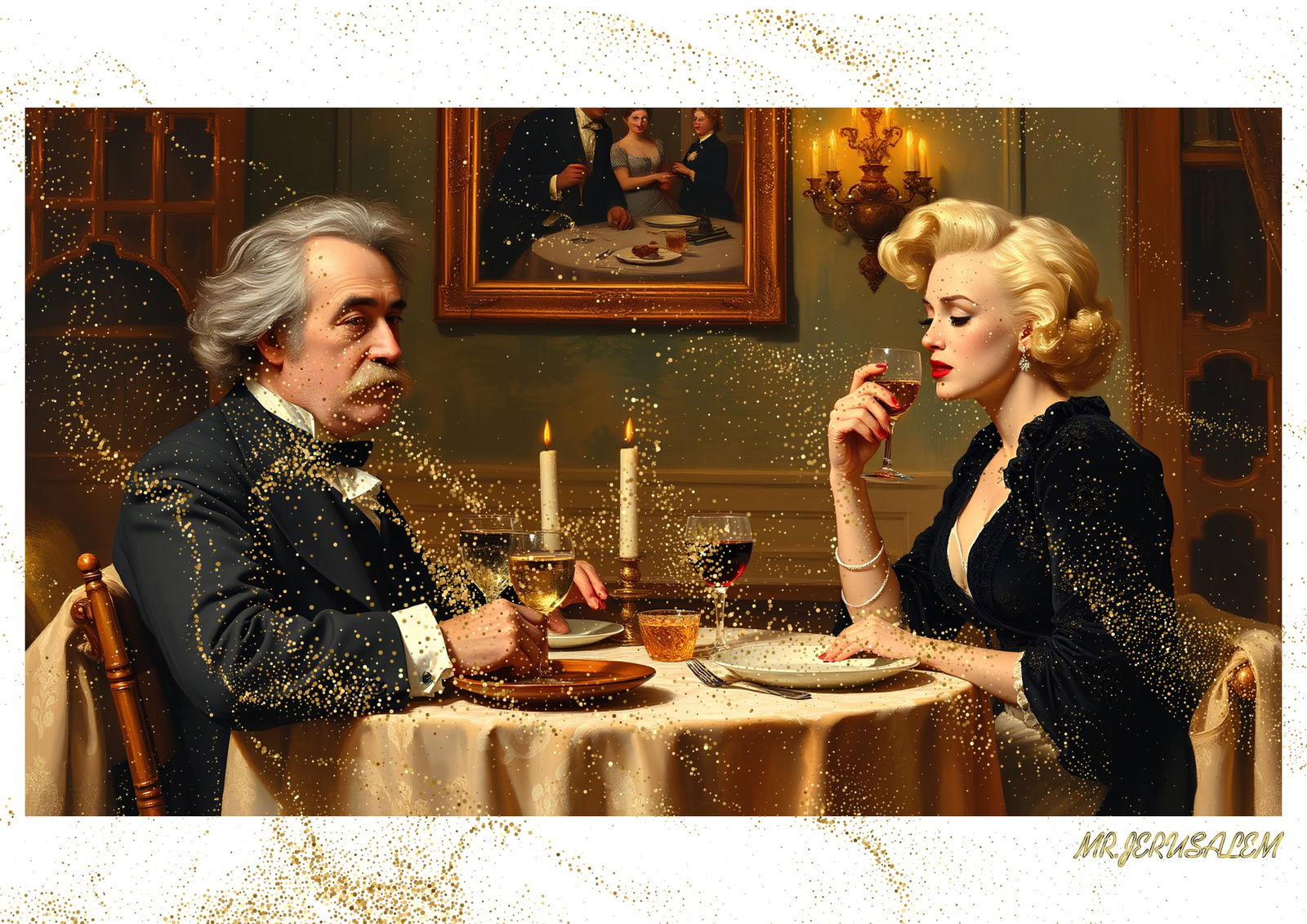 "Mr.Jerusalem, "Charles Dickens having dinner with Marilyn Monroe-D1" "Original, A2 Poster pri: Original A2 Poster Digital print on paper, Solid Finishing: Classic (250 gsm gloss) Artist Digital signature Stamped / seal Watermark seal Sizes- 420 X594mm Sold unframed