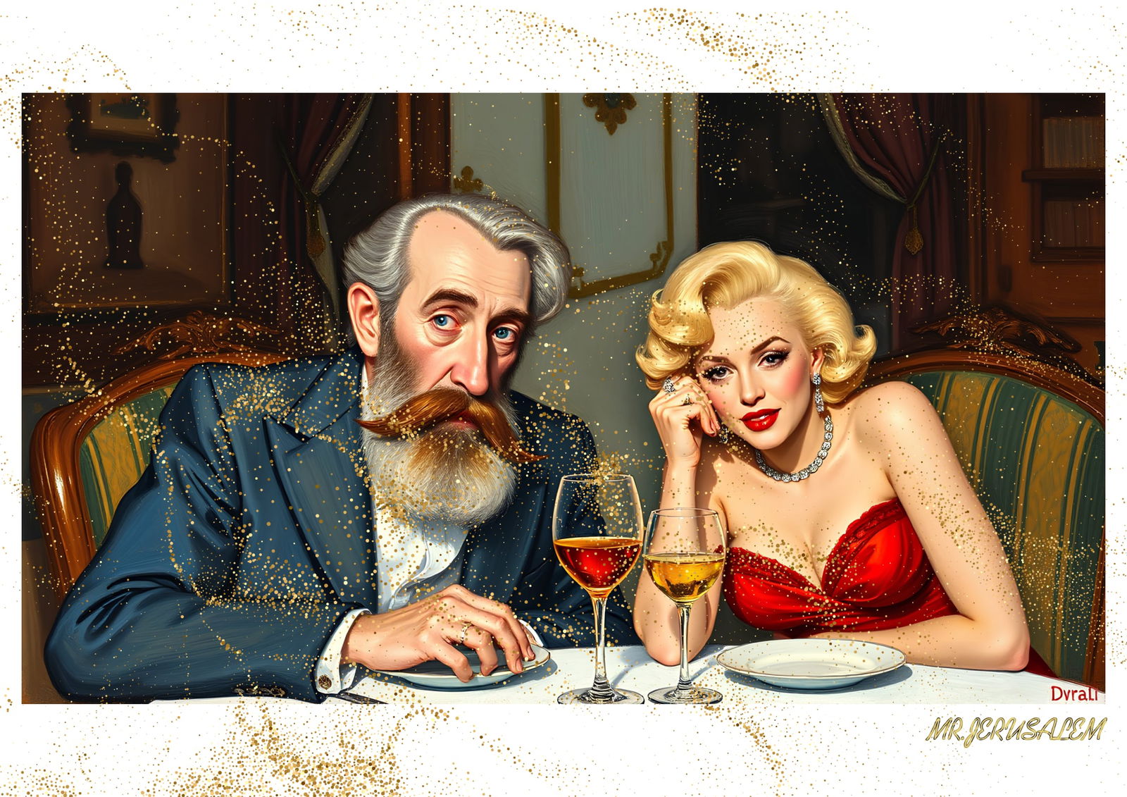 "Mr.Jerusalem, "Henri Mattise having dinner with Marilyn Monroe-D1" "Original, A2 Poster print: Original A2 Poster Digital print on paper, Solid Finishing: Classic (250 gsm gloss) Artist Digital signature Stamped / seal Watermark seal Sizes- 420 X594mm Sold unframed
