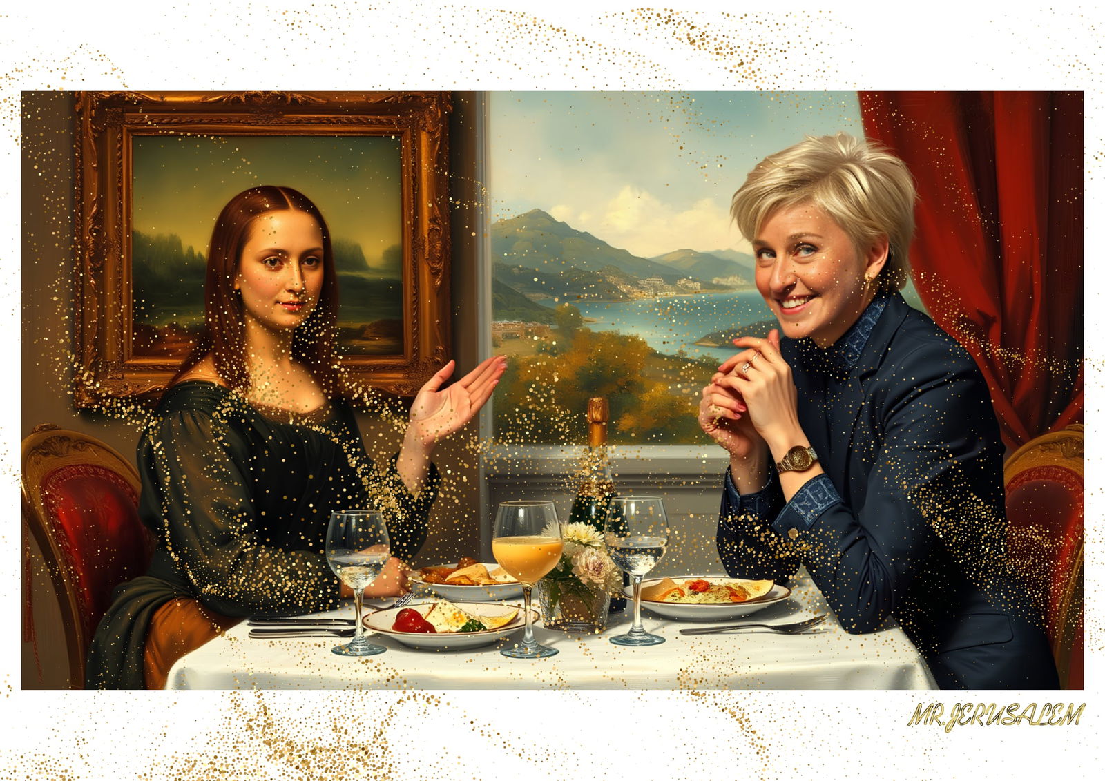 "Mr.Jerusalem, "Ellen Degeneres having dinner with Mona Lisa-D1" "Original, A2 Poster print, s (1 of 2)