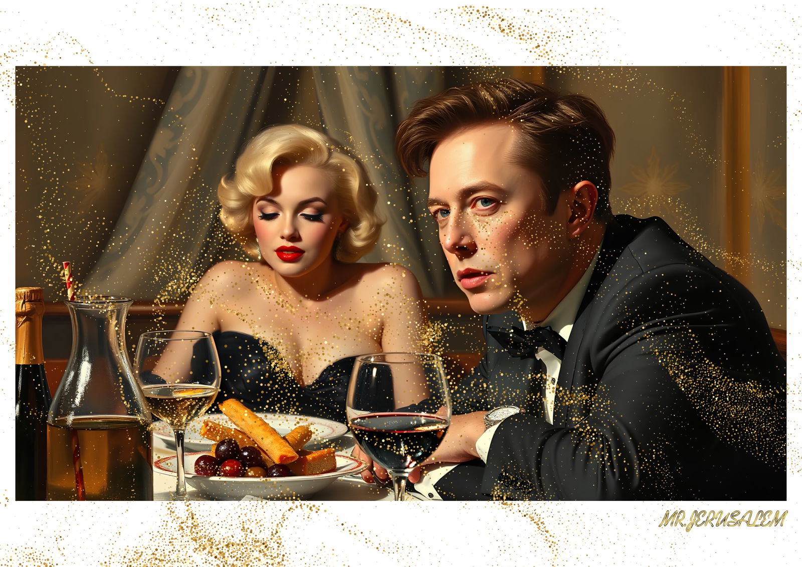 "Mr.Jerusalem, "Elon Musk having dinner with Marilyn Monroe-D1" "Original, A2 Poster print, st: Original A2 Poster Digital print on paper, Solid Finishing: Classic (250 gsm gloss) Artist Digital signature Stamped / seal Watermark seal Sizes- 420 X594mm Sold unframed