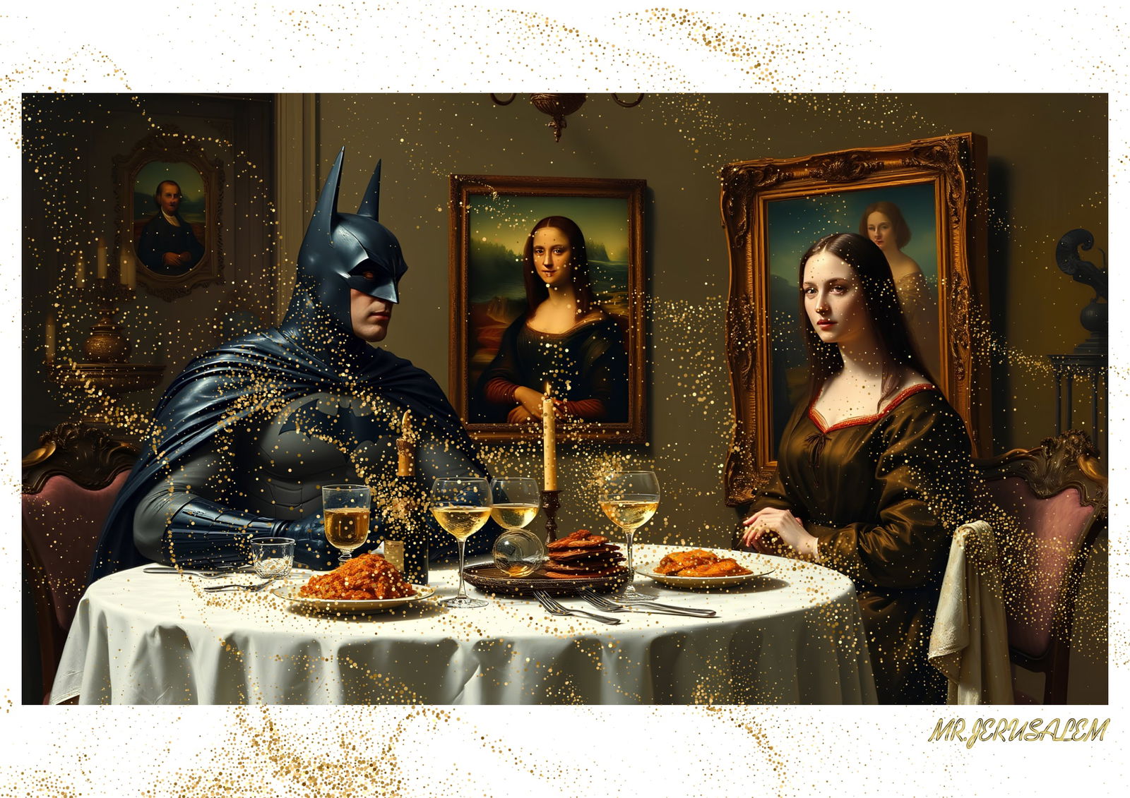 "Mr.Jerusalem, "Batman having dinner with Mona Lisa-D1" "Original, A2 Poster print, stamped. W: Original A2 Poster Digital print on paper, Solid Finishing: Classic (250 gsm gloss) Artist Digital signature Stamped / seal Watermark seal Sizes- 420 X594mm Sold unframed