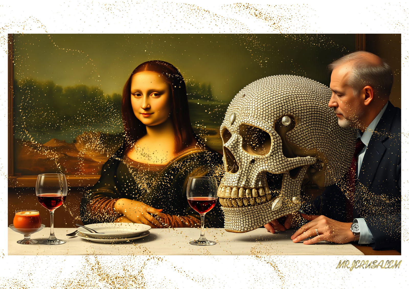 "Mr.Jerusalem, "Damien Hirst having dinner with Mona Lisa-D1" "Original, A2 Poster print, stam: Original A2 Poster Digital print on paper, Solid Finishing: Classic (250 gsm gloss) Artist Digital signature Stamped / seal Watermark seal Sizes- 420 X594mm Sold unframed
